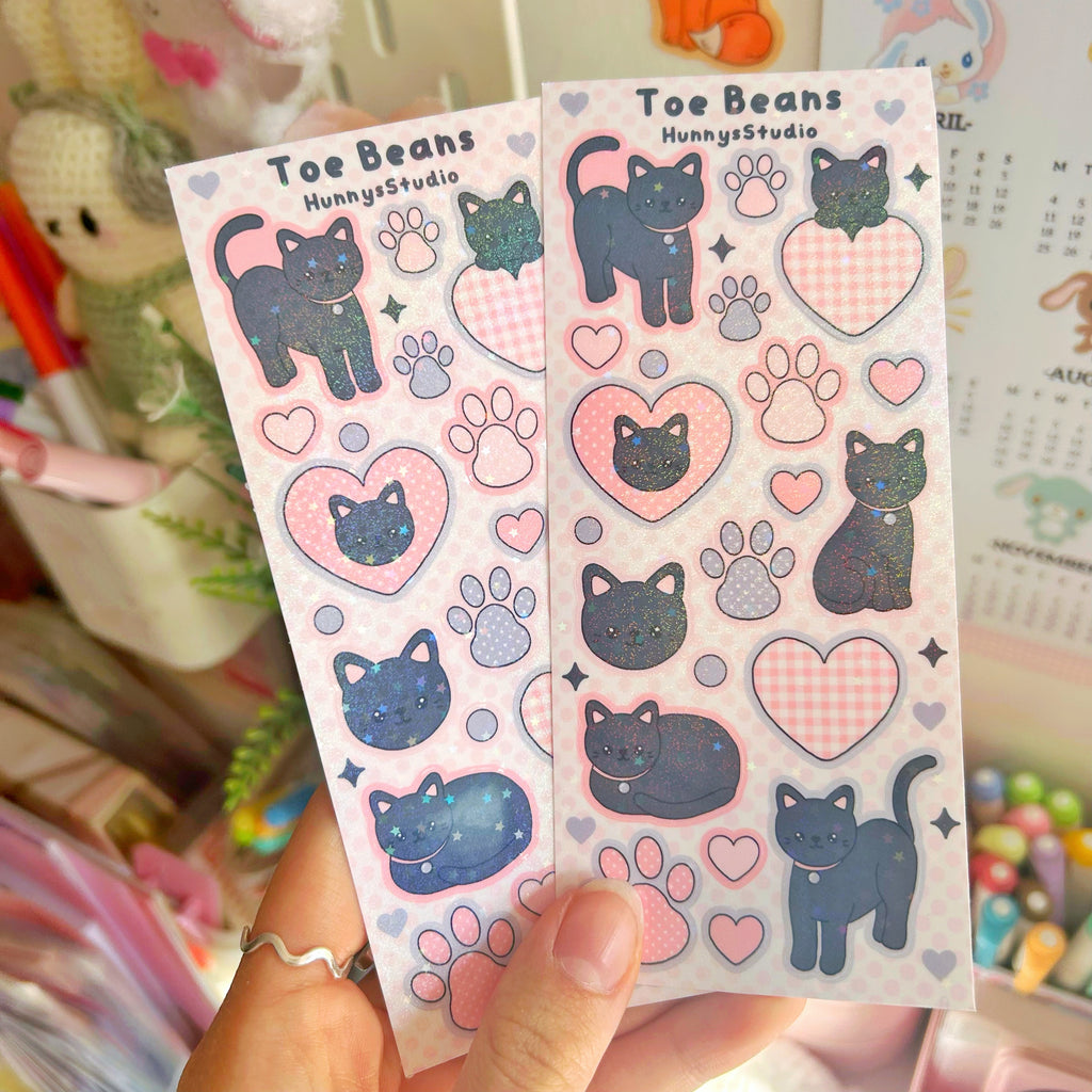 Toe beans, black kitty vinyl holographic sticker sheet
