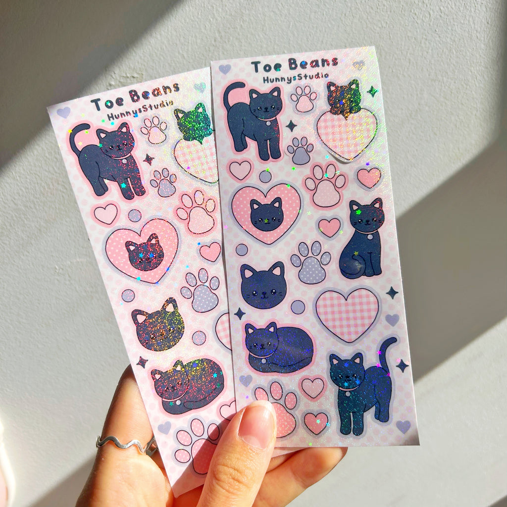 Toe beans, black kitty vinyl holographic sticker sheet