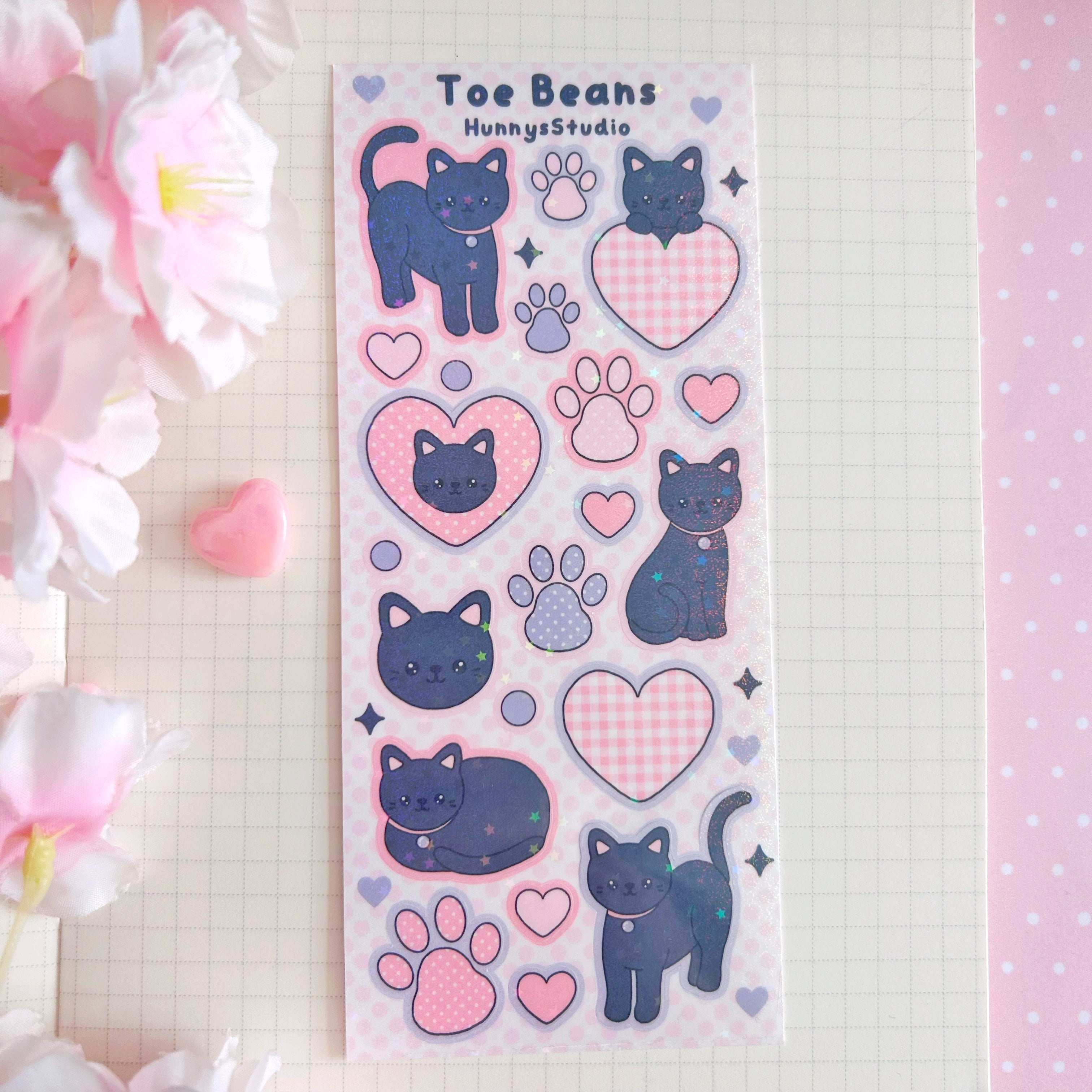 Toe beans, black kitty vinyl holographic sticker sheet