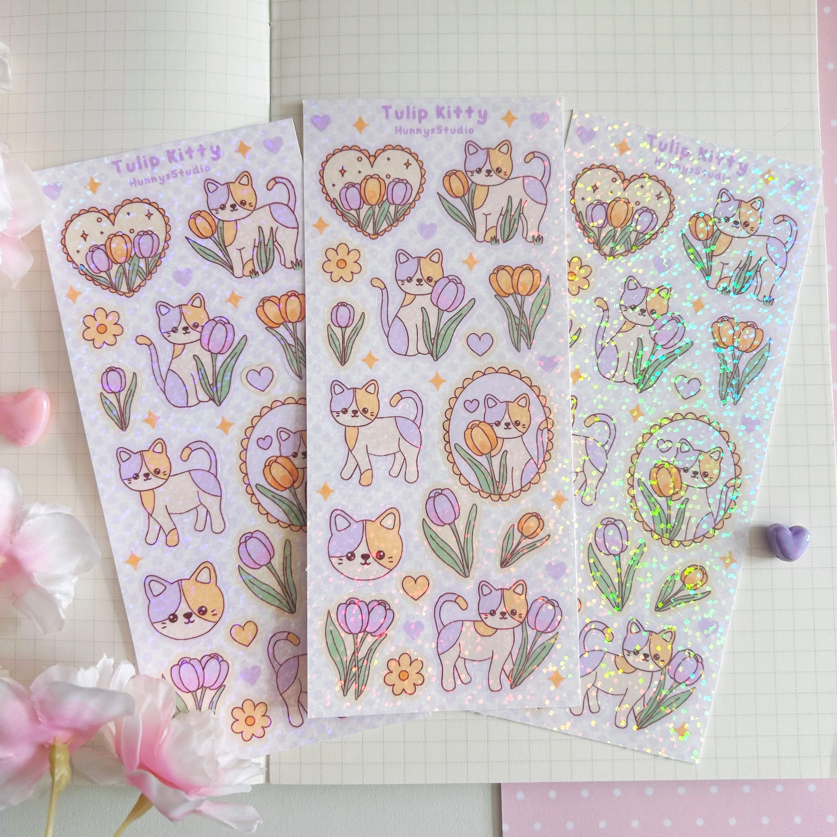 Tulip kitty vinyl holographic sticker sheet