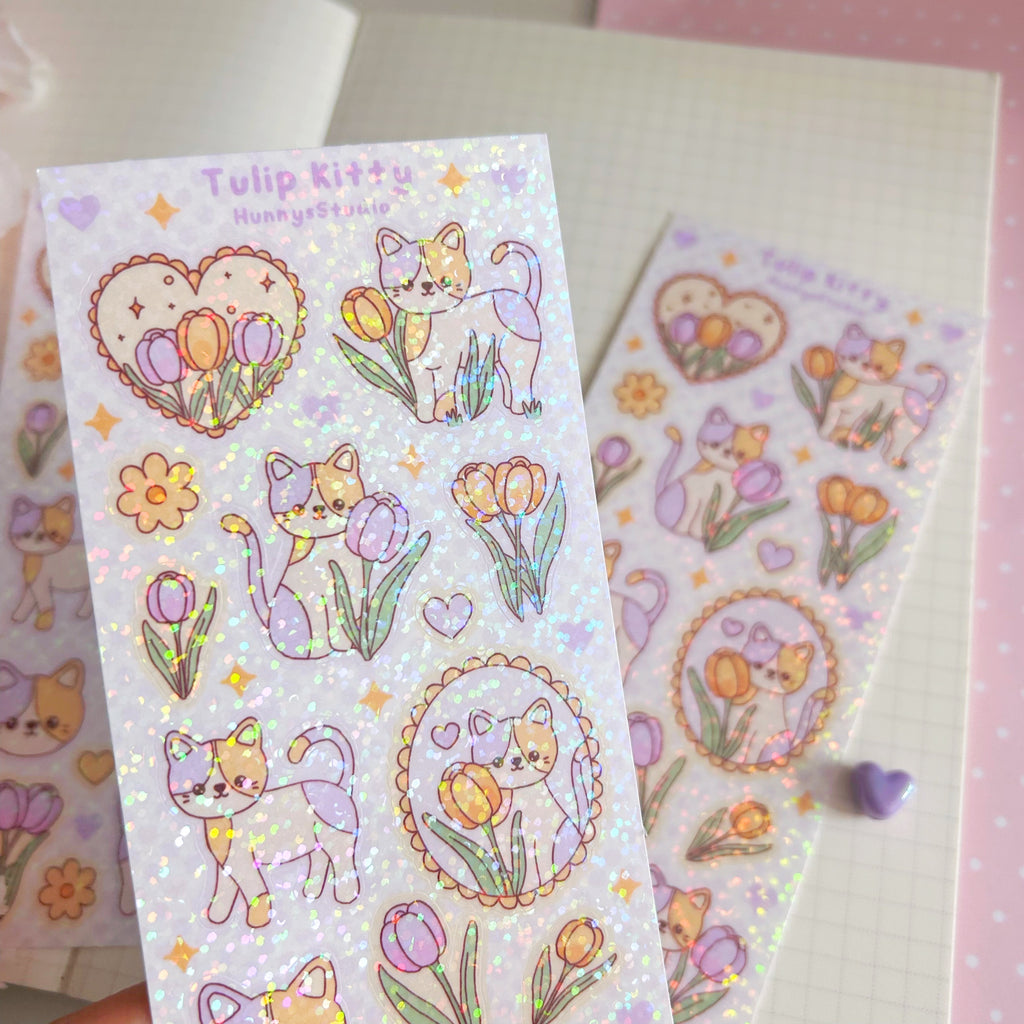 Tulip kitty vinyl holographic sticker sheet