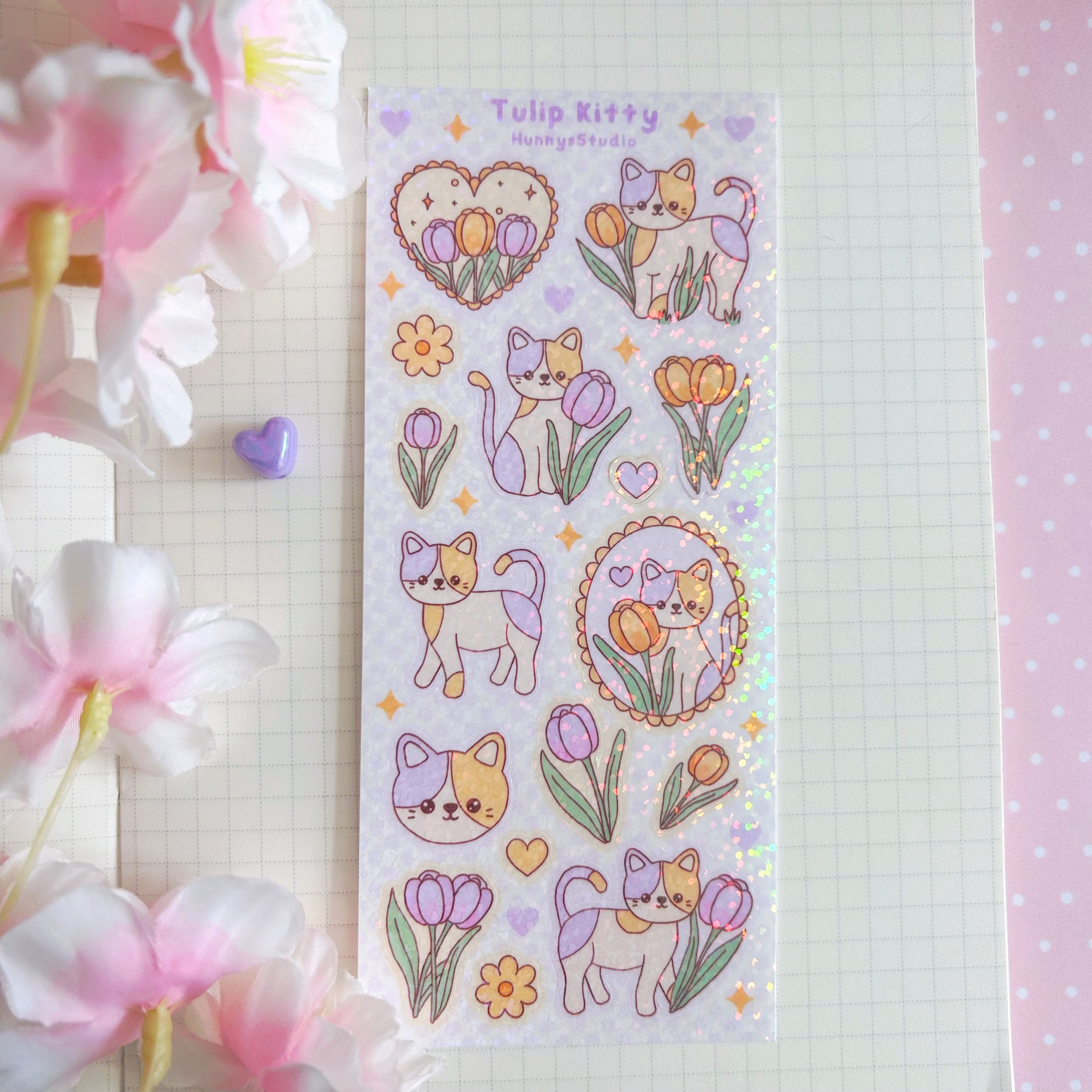 Tulip kitty vinyl holographic sticker sheet