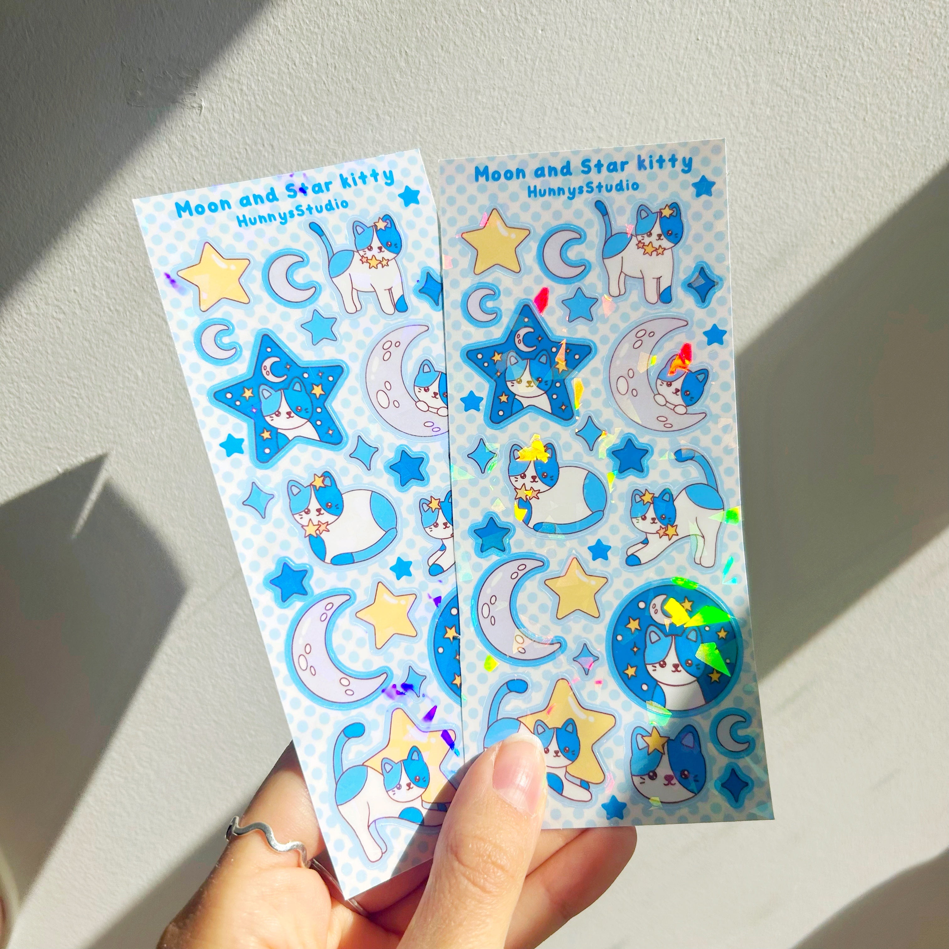 Moon and star kitty vinyl holographic sticker sheet