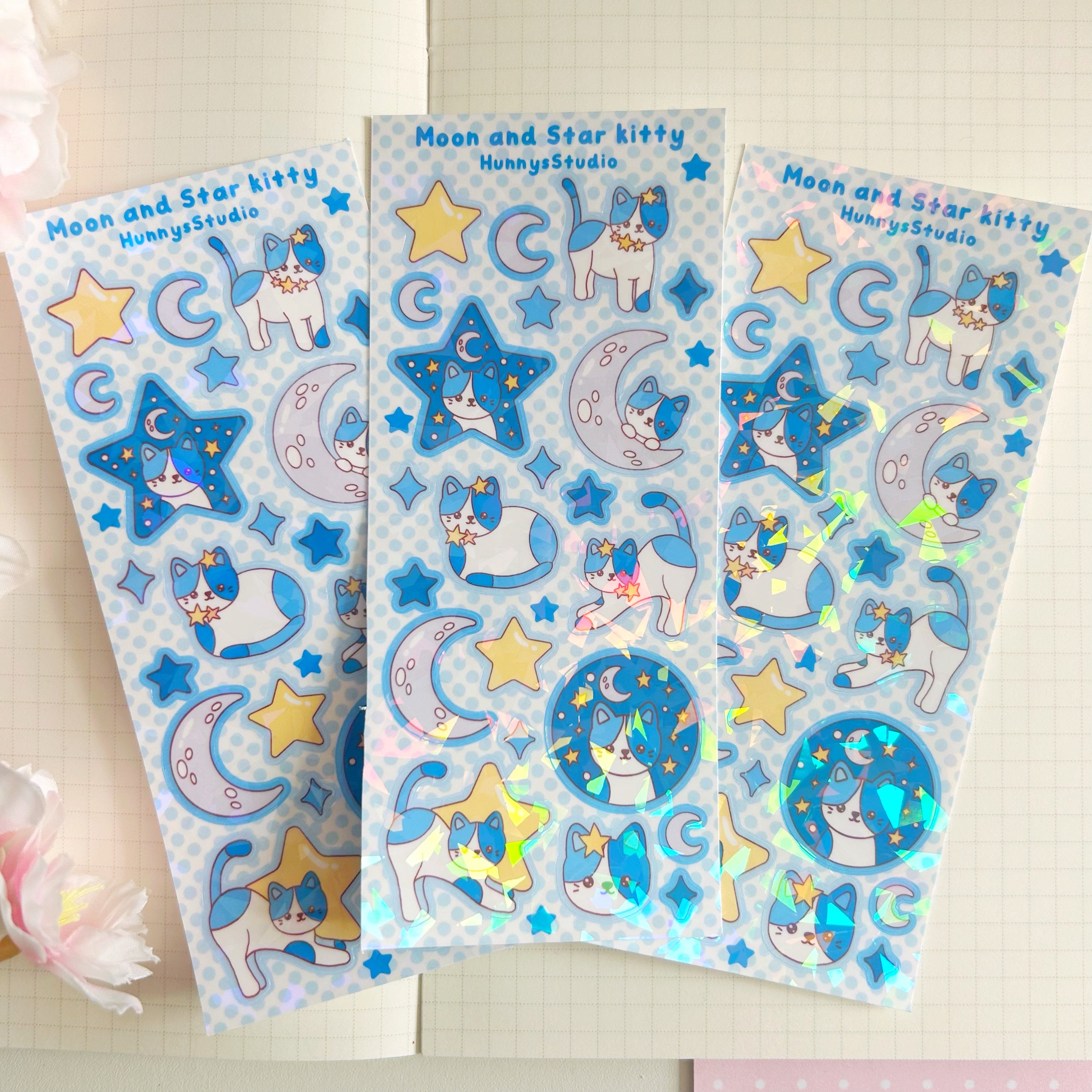 Moon and star kitty vinyl holographic sticker sheet