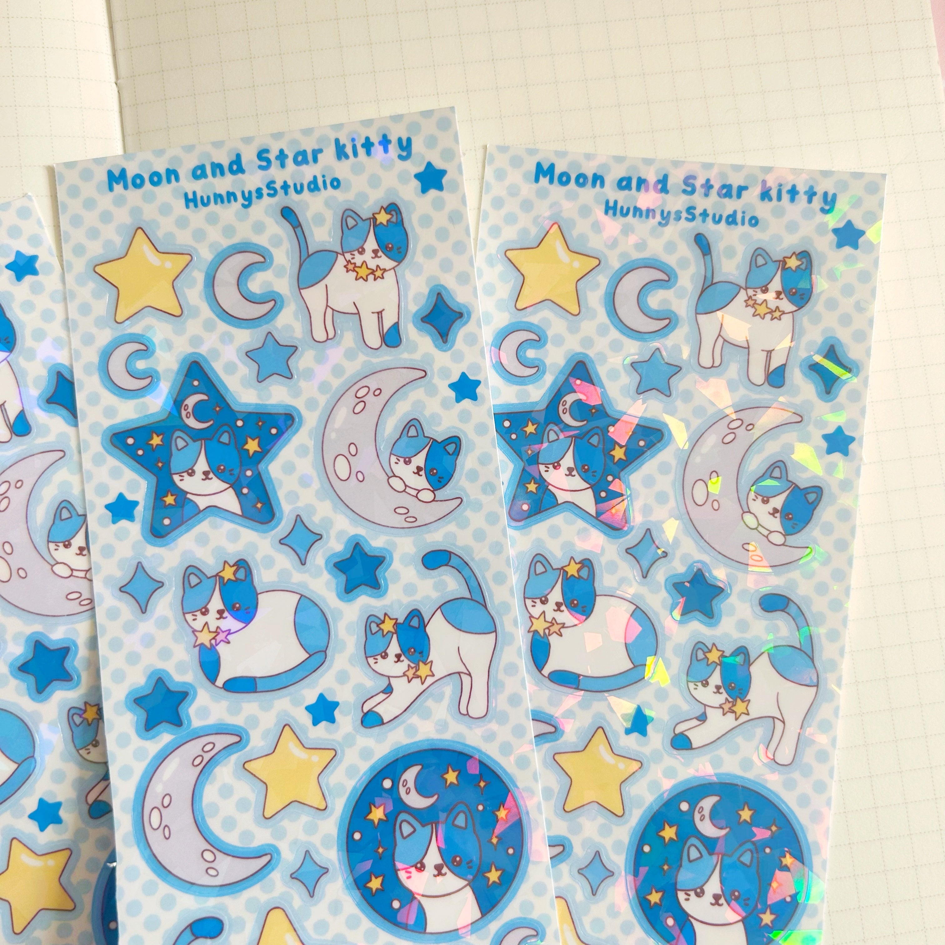 Moon and star kitty vinyl holographic sticker sheet