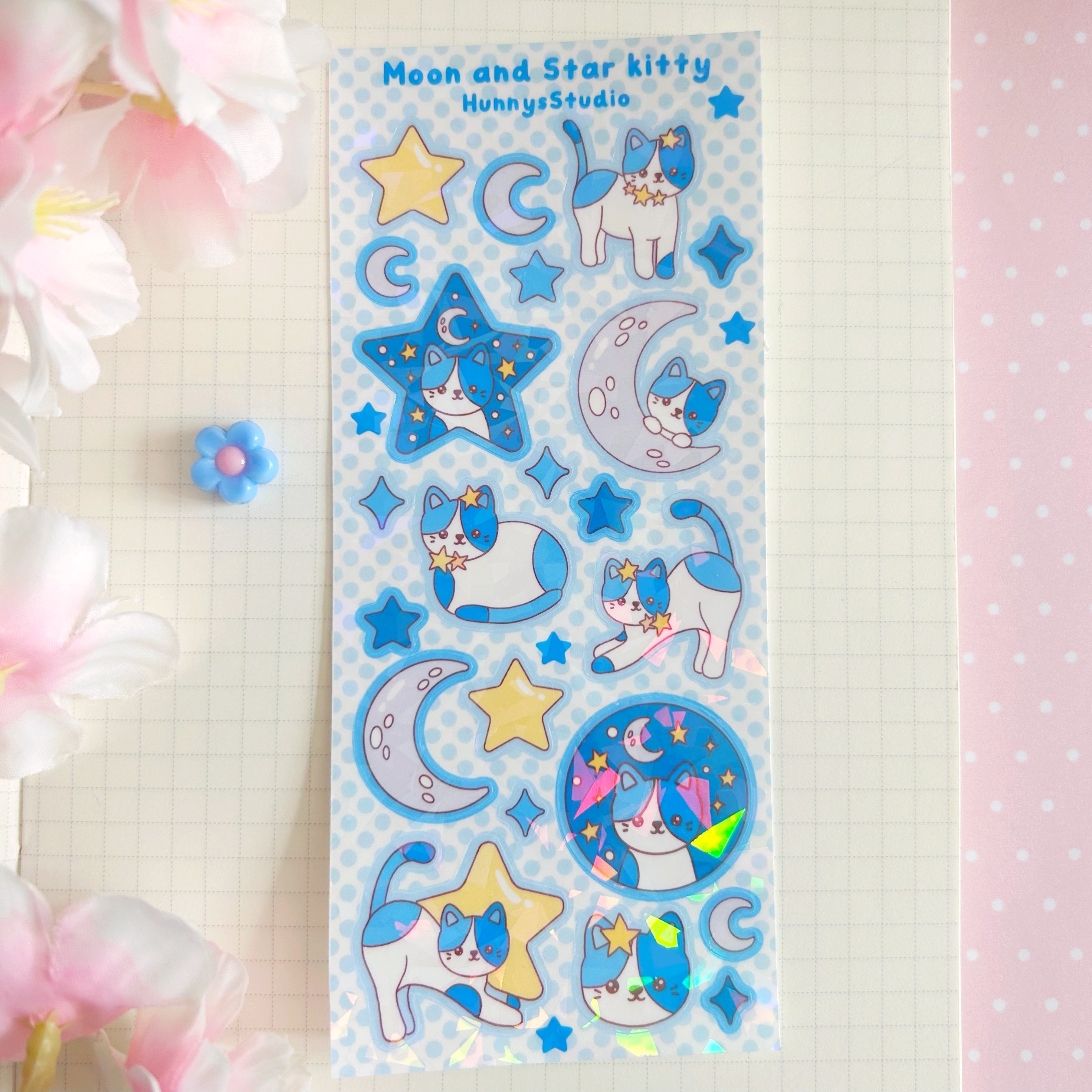 Moon and star kitty vinyl holographic sticker sheet
