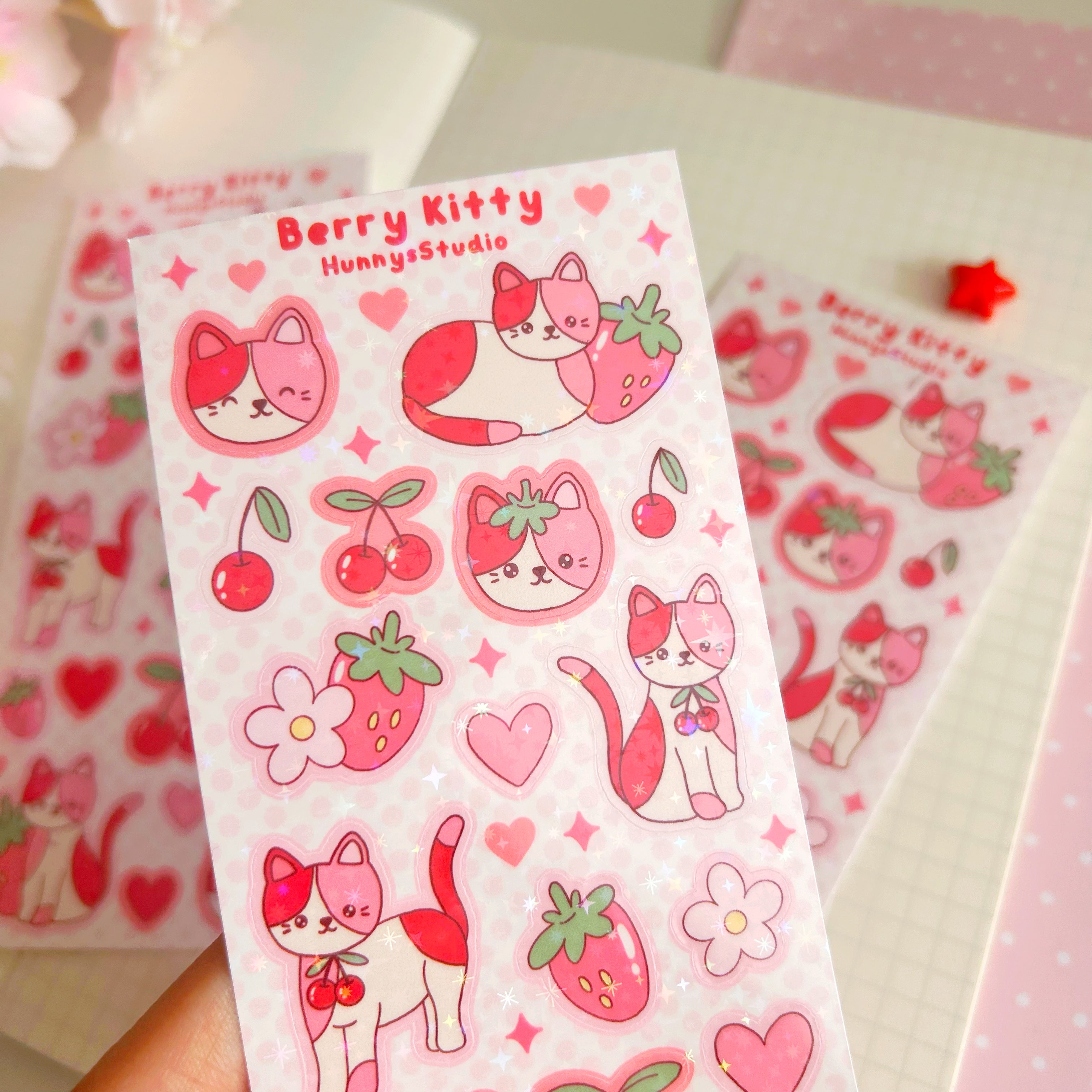 Berry kitty vinyl holographic sticker sheet