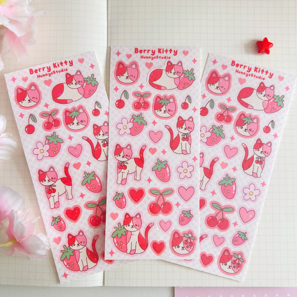 Berry kitty vinyl holographic sticker sheet