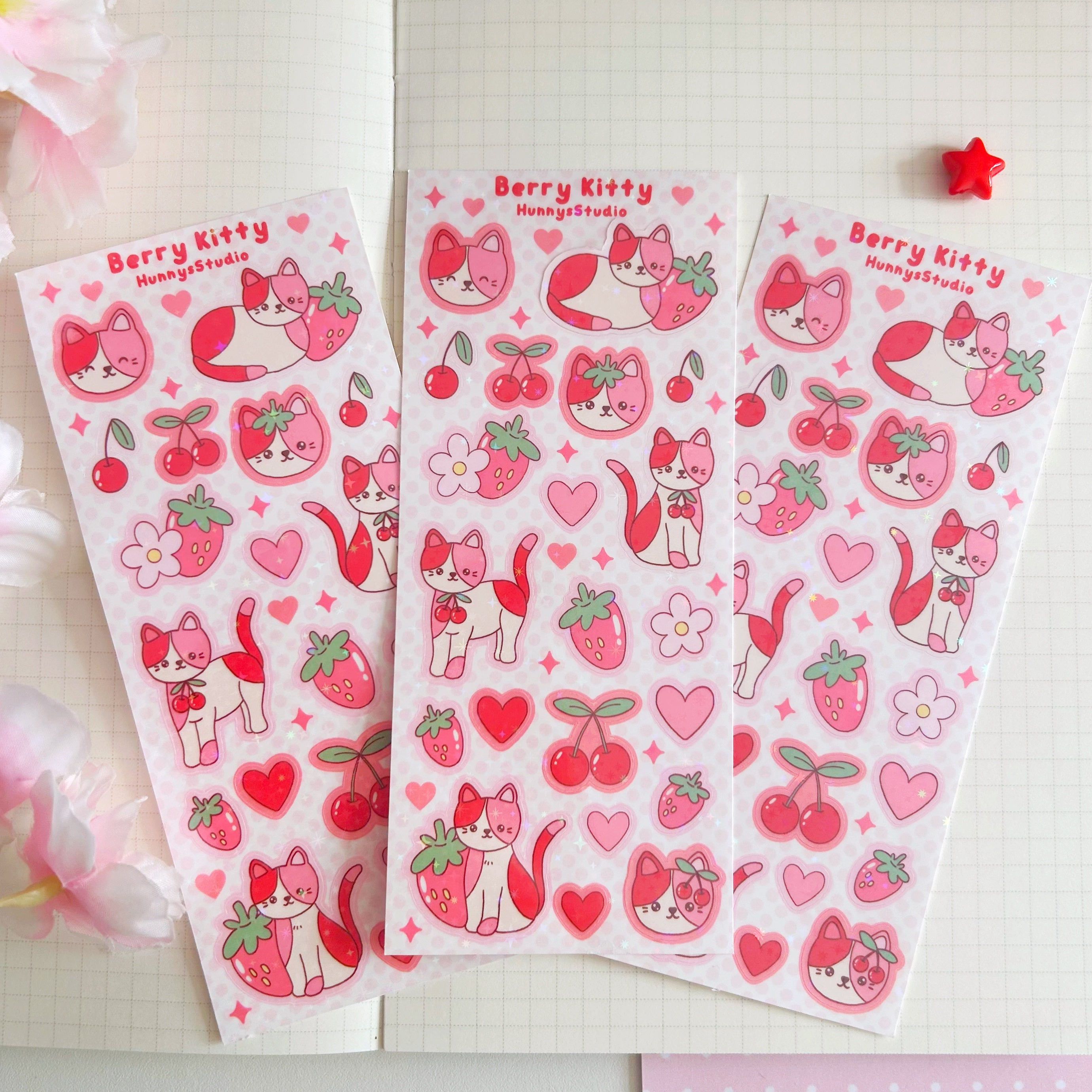 Berry kitty vinyl holographic sticker sheet