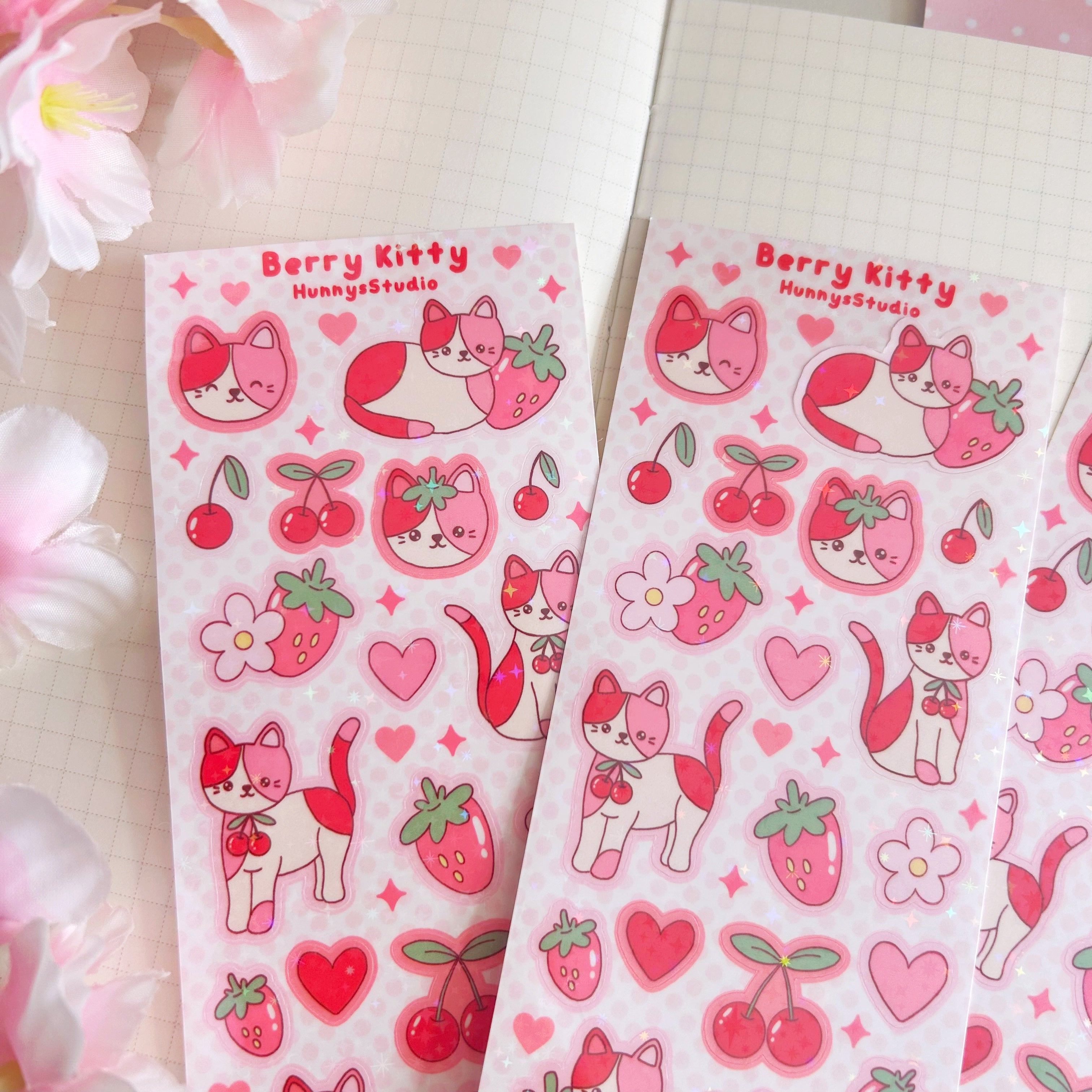 Berry kitty vinyl holographic sticker sheet