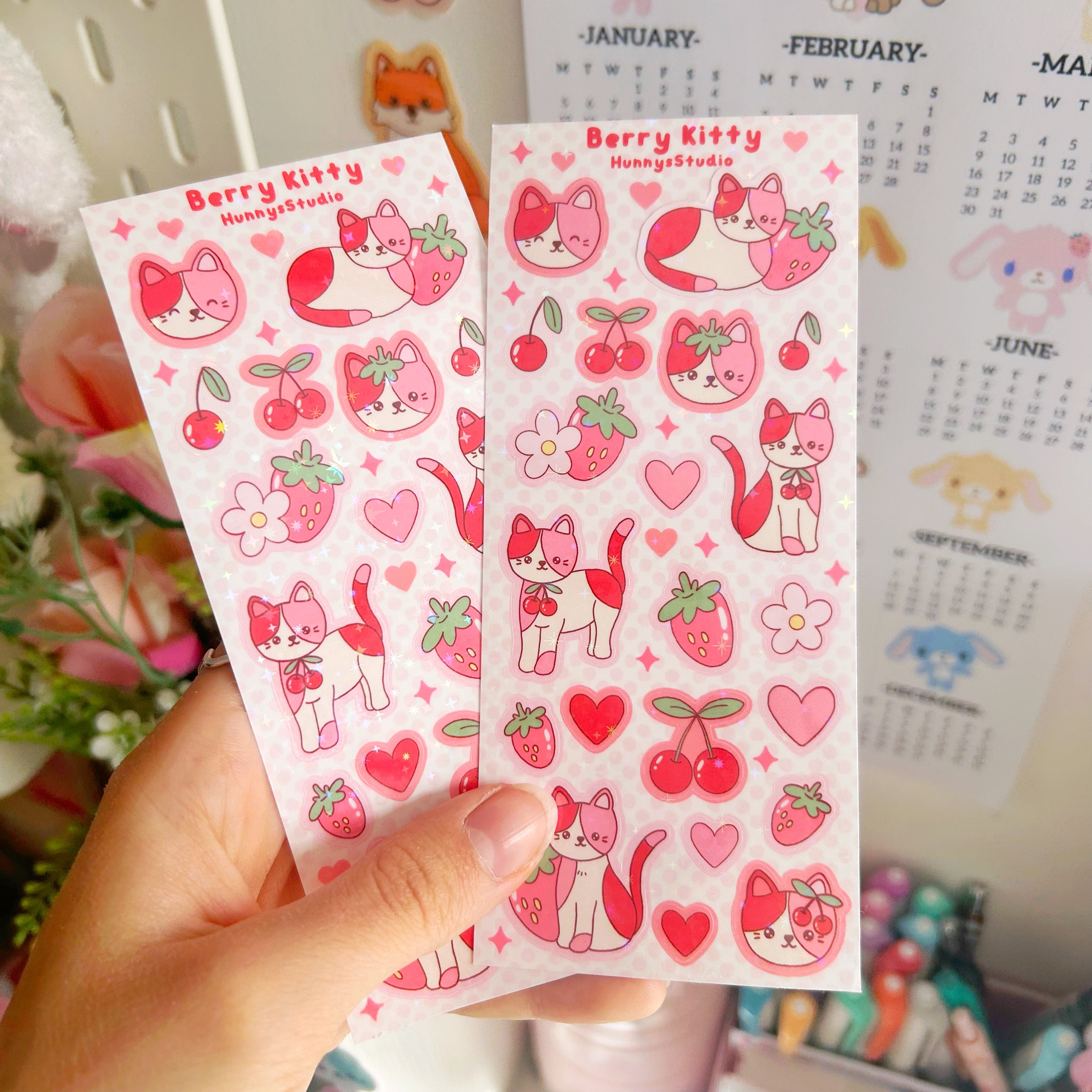 Berry kitty vinyl holographic sticker sheet
