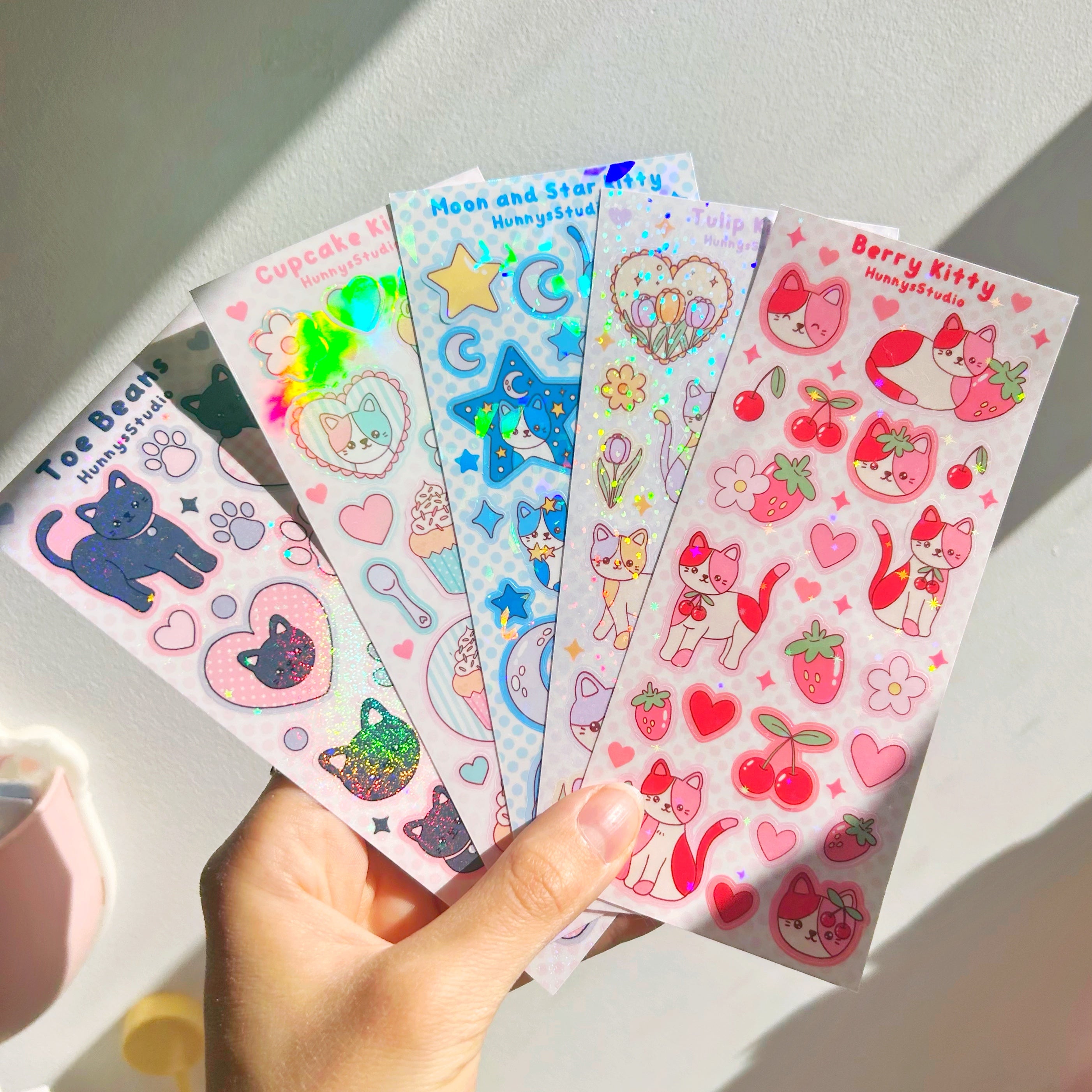 Moon and star kitty vinyl holographic sticker sheet