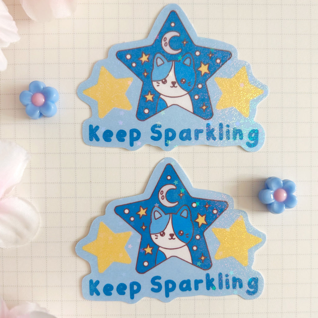 sparkle blue star cat die cut vinyl holographic sticker