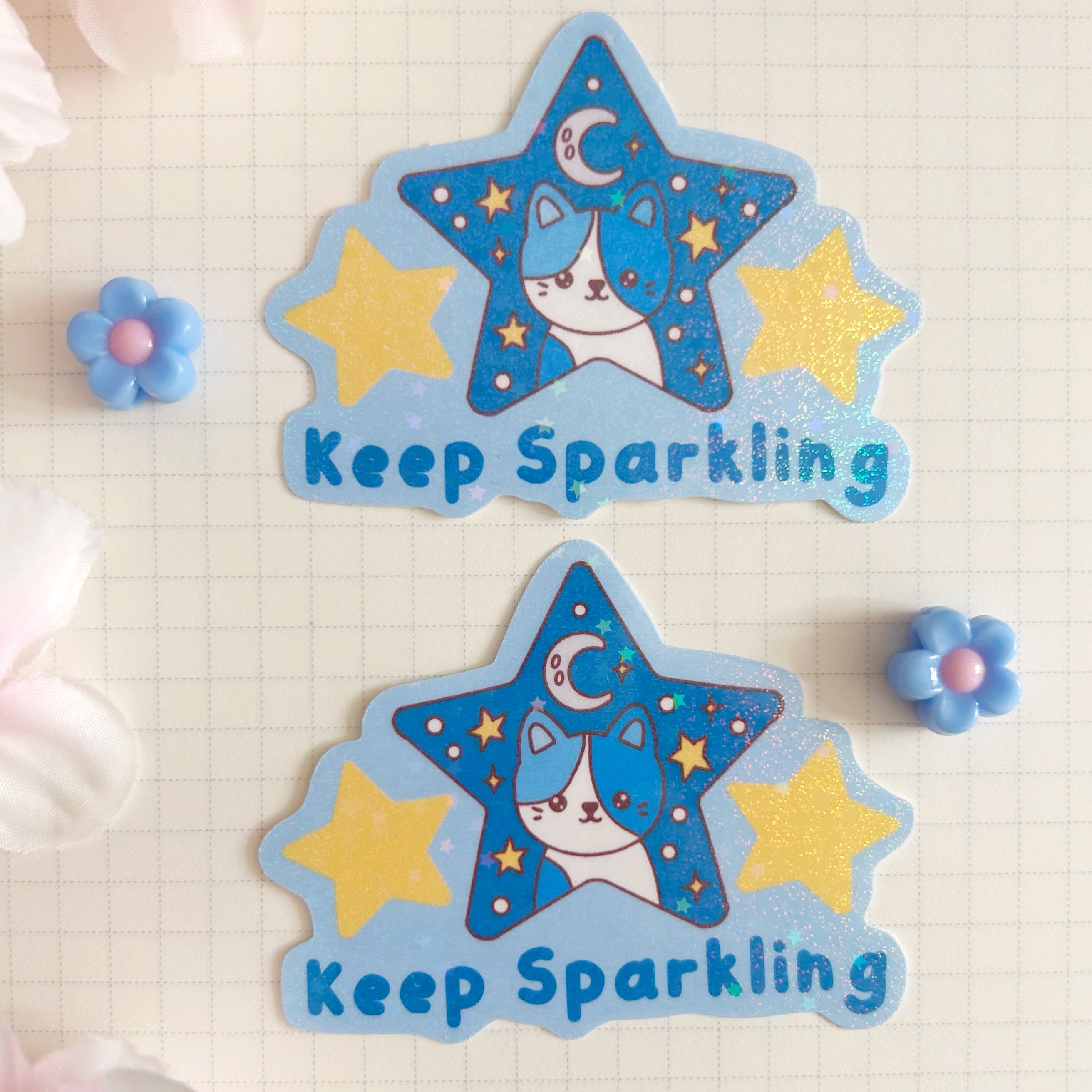 sparkle blue star cat die cut vinyl holographic sticker