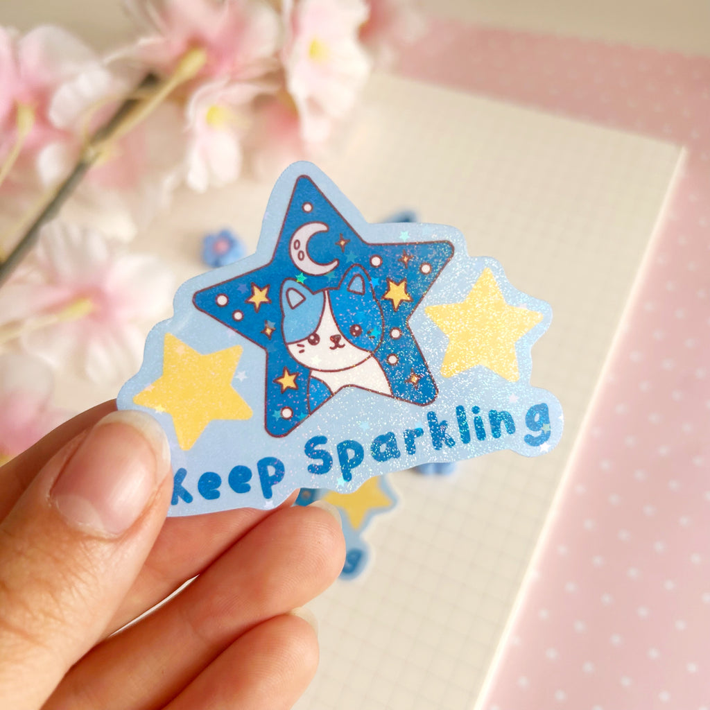 sparkle blue star cat die cut vinyl holographic sticker
