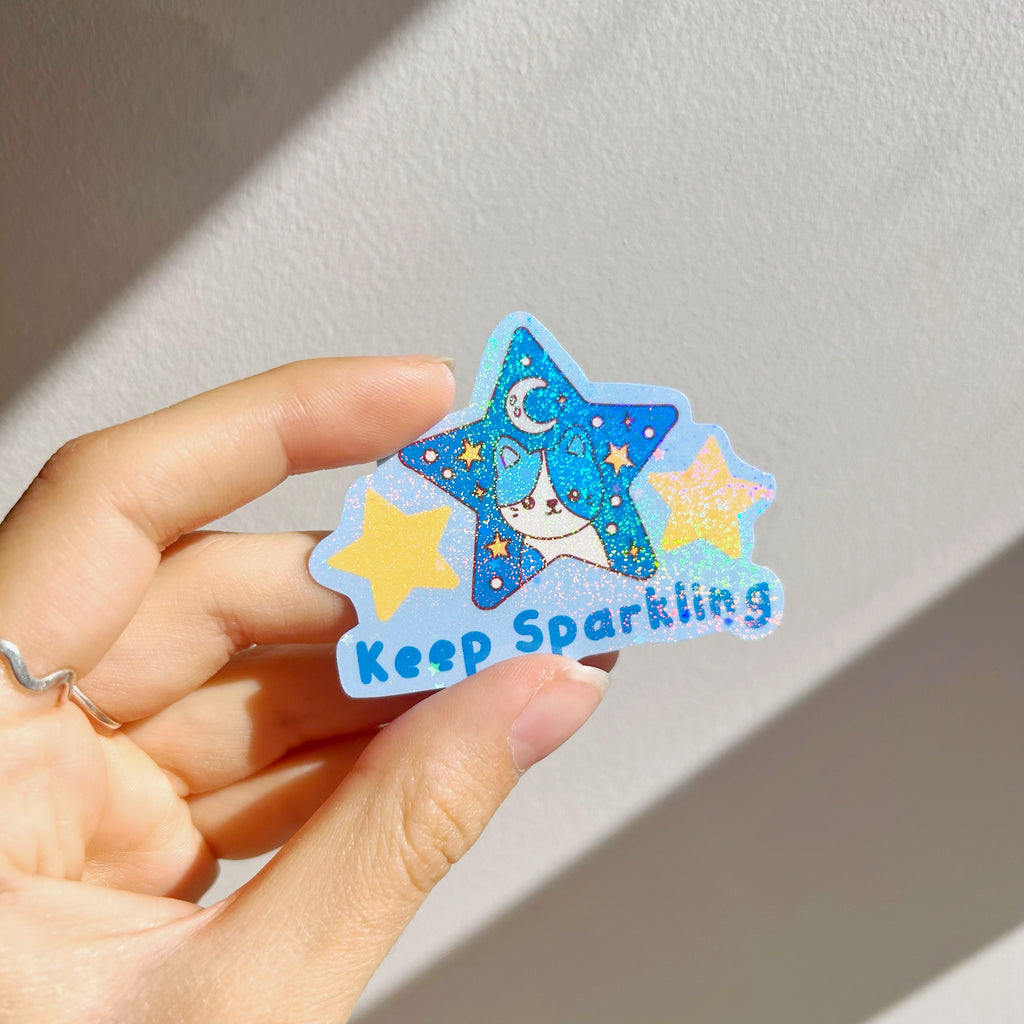 sparkle blue star cat die cut vinyl holographic sticker