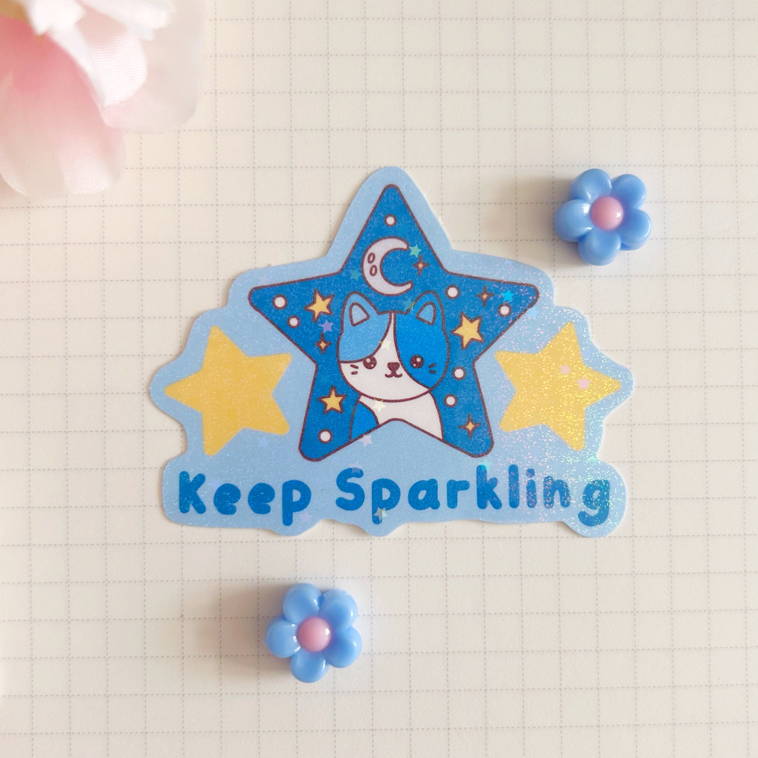 sparkle blue star cat die cut vinyl holographic sticker