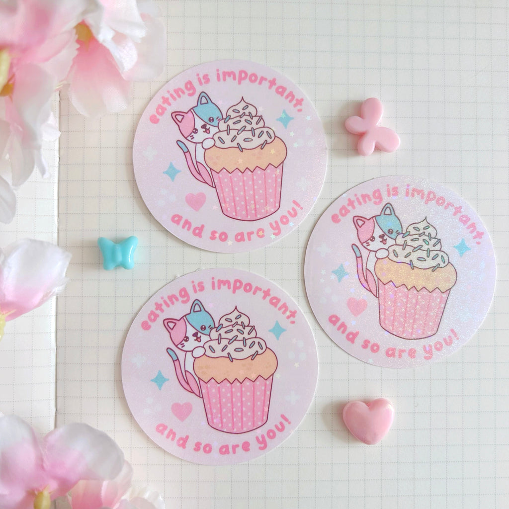 eating is important cat die cut vinyl holographic sticker