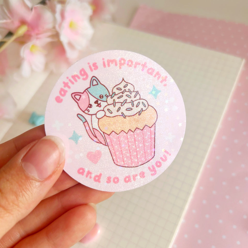 eating is important cat die cut vinyl holographic sticker