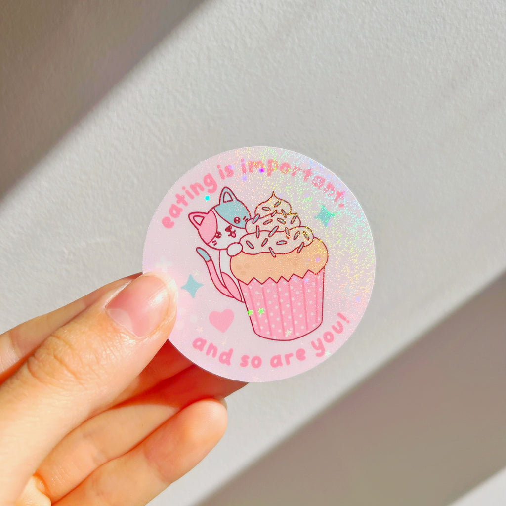 eating is important cat die cut vinyl holographic sticker
