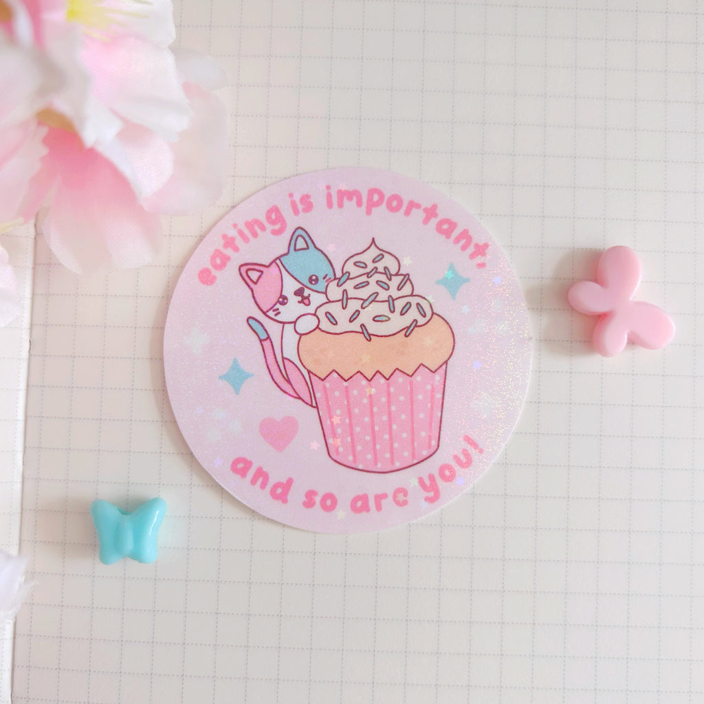 eating is important cat die cut vinyl holographic sticker