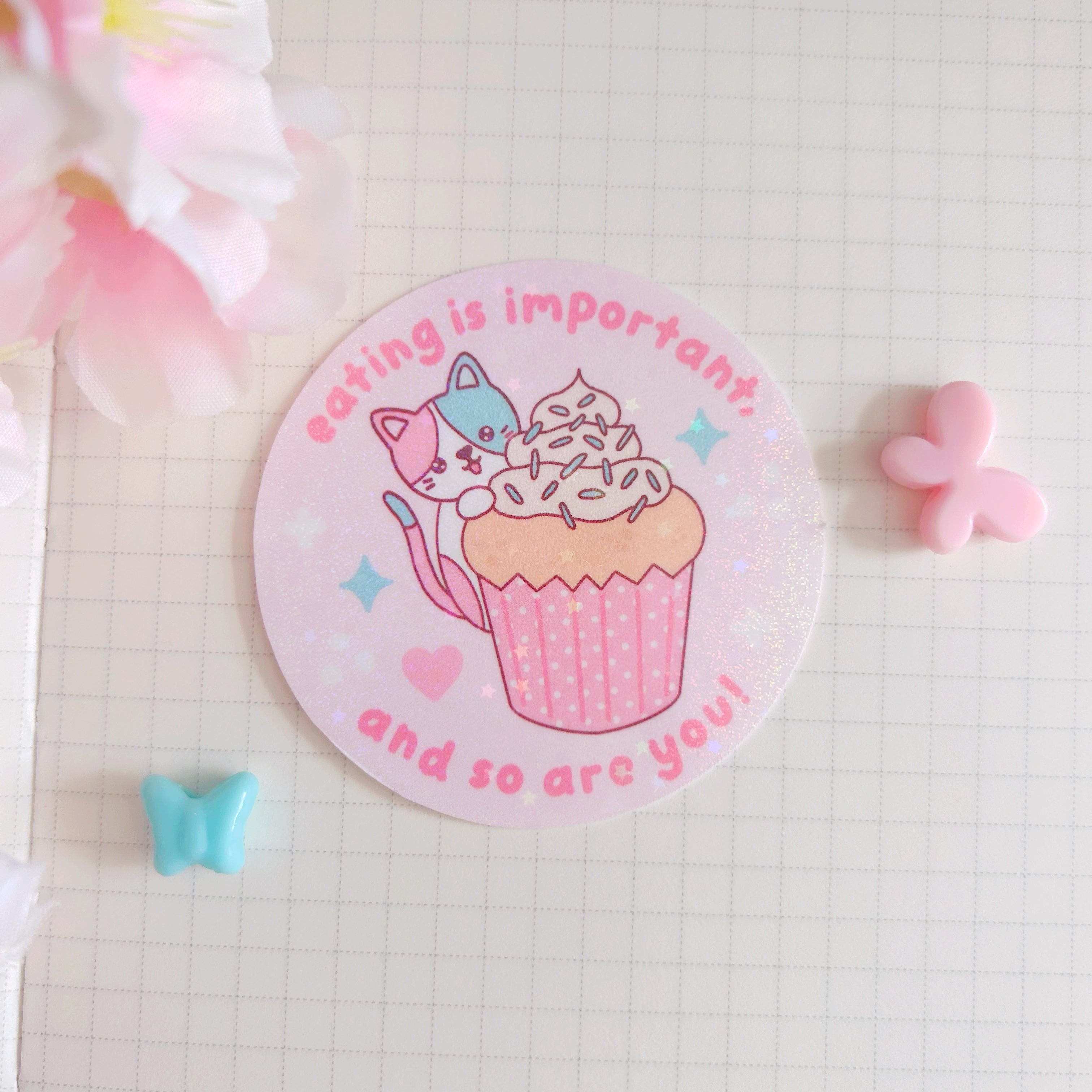 eating is important cat die cut vinyl holographic sticker