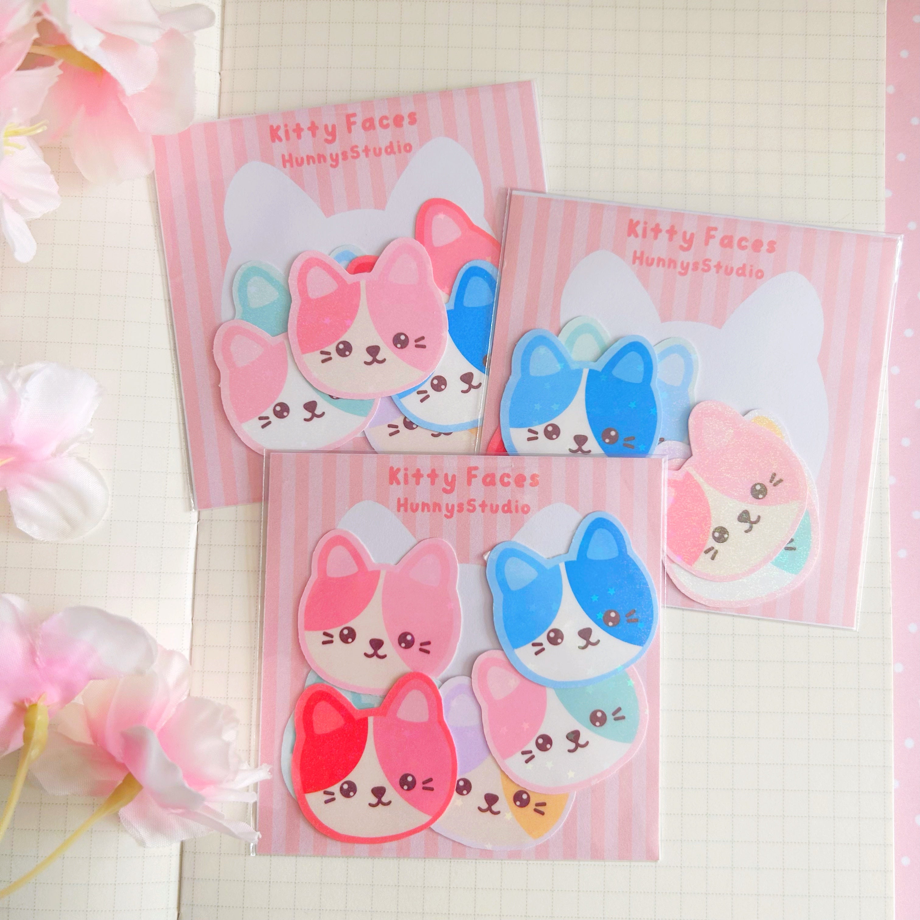 6 cat faces, die cut vinyl holographic sticker set