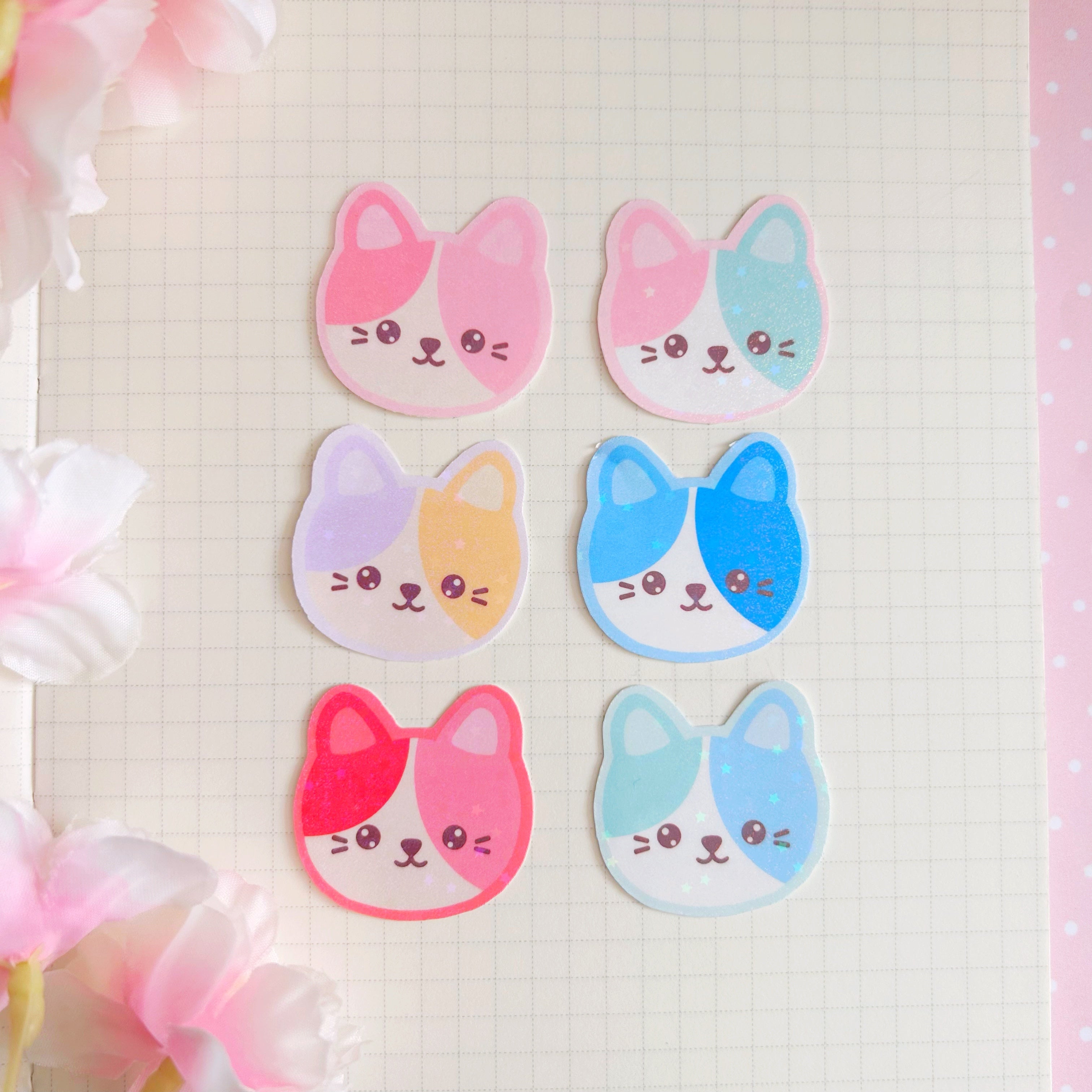 6 cat faces, die cut vinyl holographic sticker set