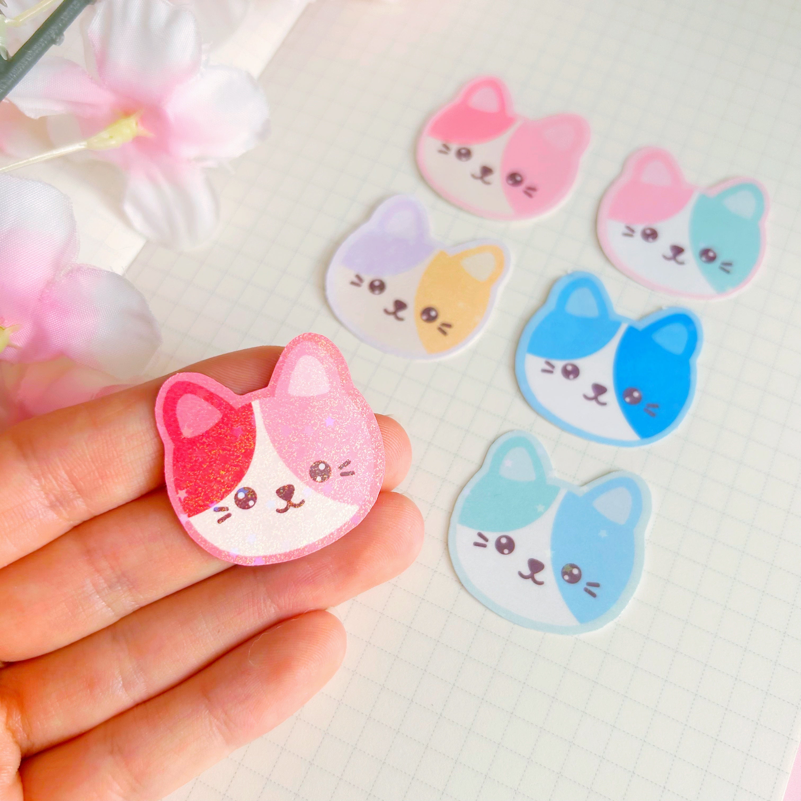 6 cat faces, die cut vinyl holographic sticker set