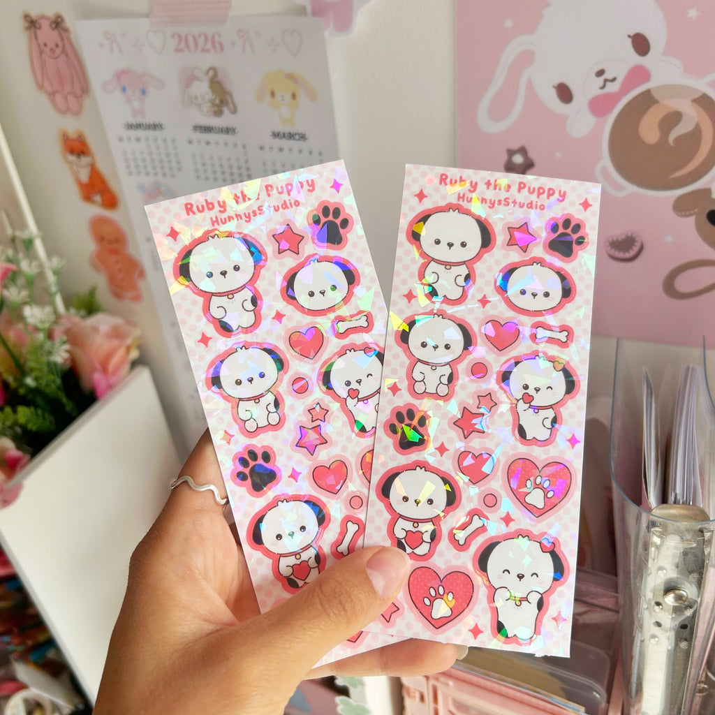 Ruby the puppy vinyl holographic sticker sheet