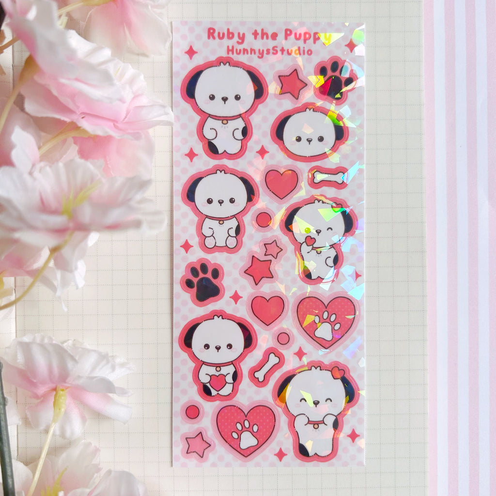 Ruby the puppy vinyl holographic sticker sheet