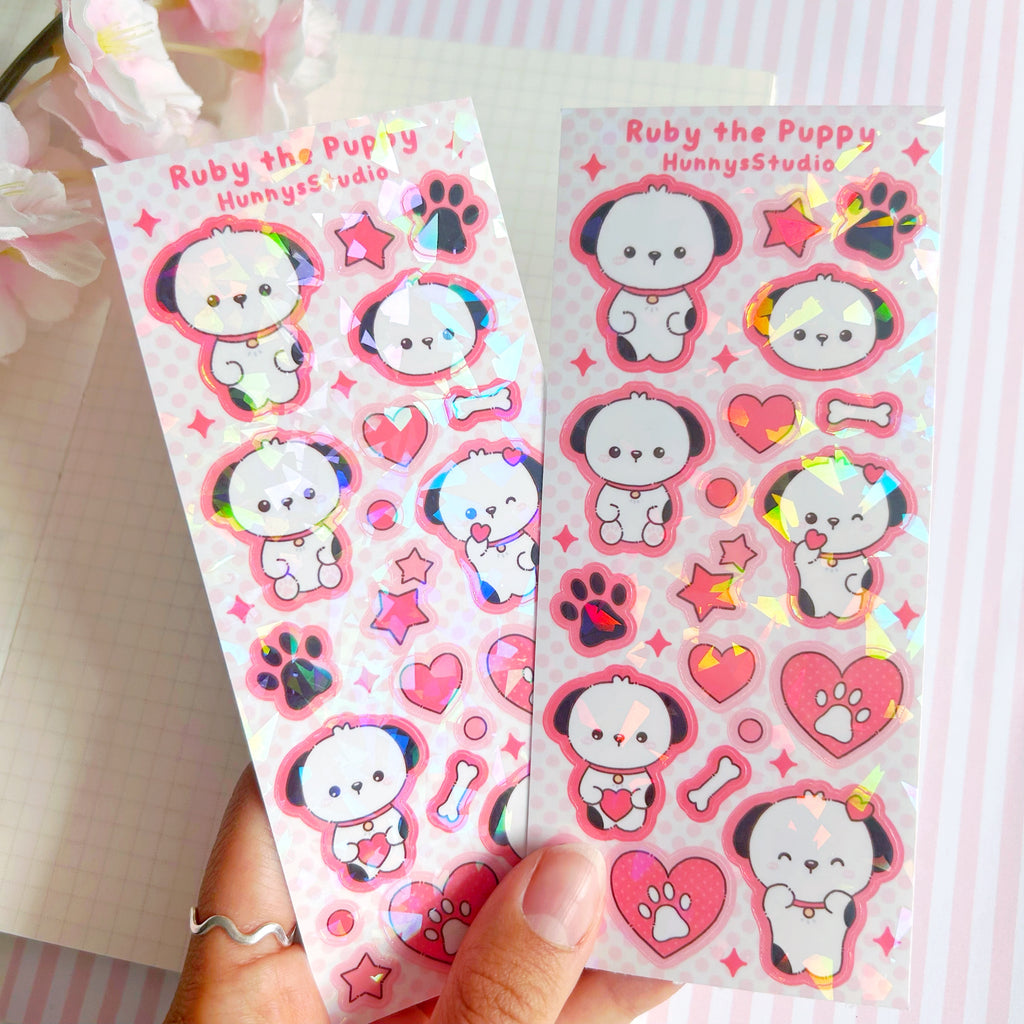 Ruby the puppy vinyl holographic sticker sheet