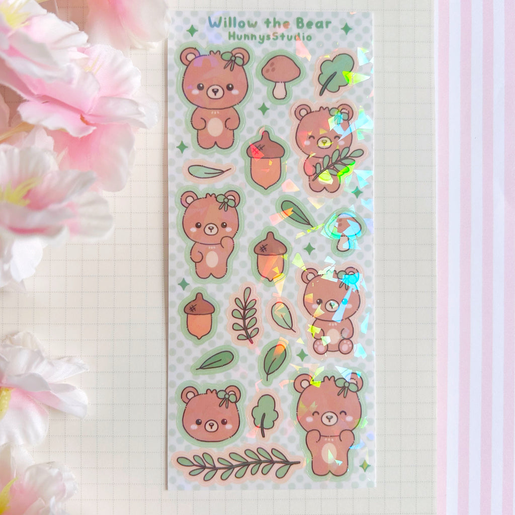 Willow the bear vinyl holographic sticker sheet