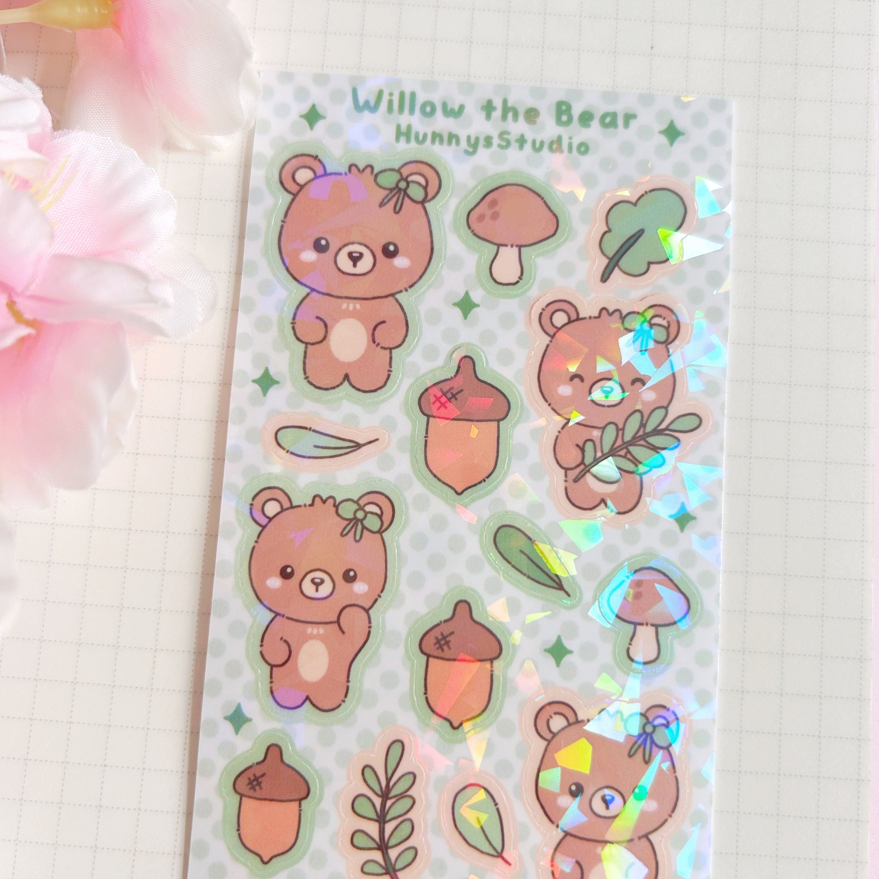 Willow the bear vinyl holographic sticker sheet