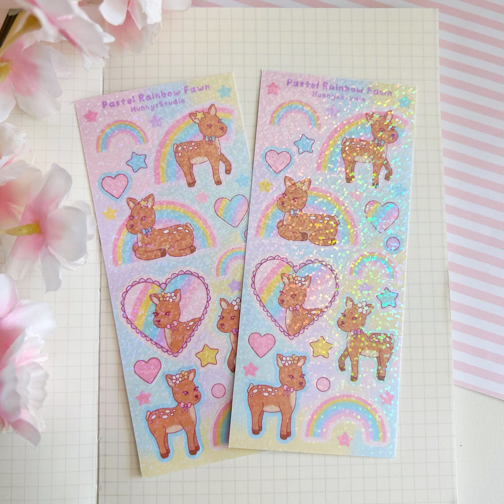 Pastel rainbow fawn, vinyl holographic sticker sheet