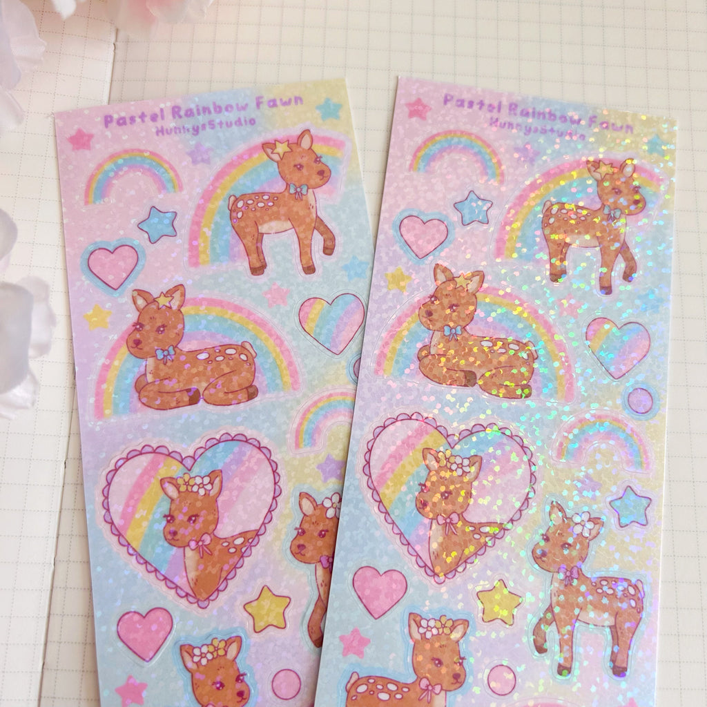 Pastel rainbow fawn, vinyl holographic sticker sheet