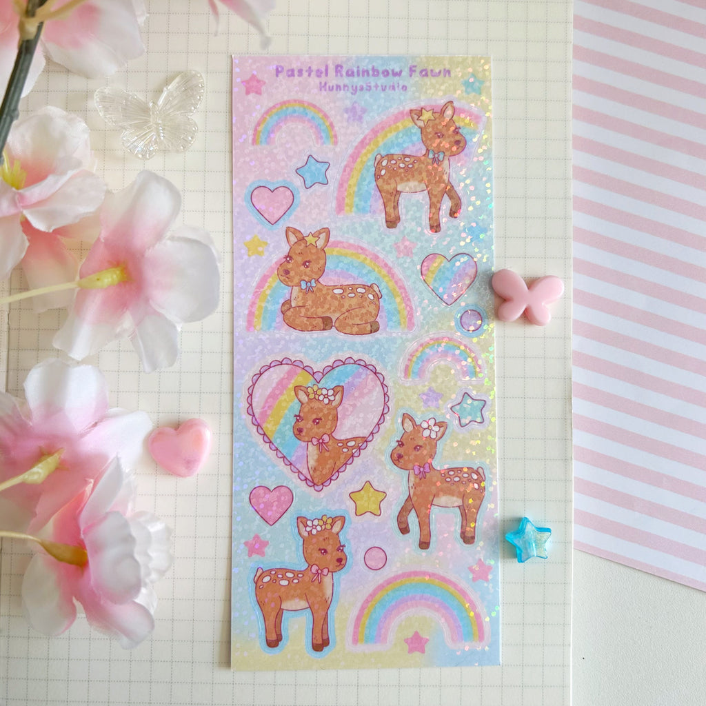 Pastel rainbow fawn, vinyl holographic sticker sheet