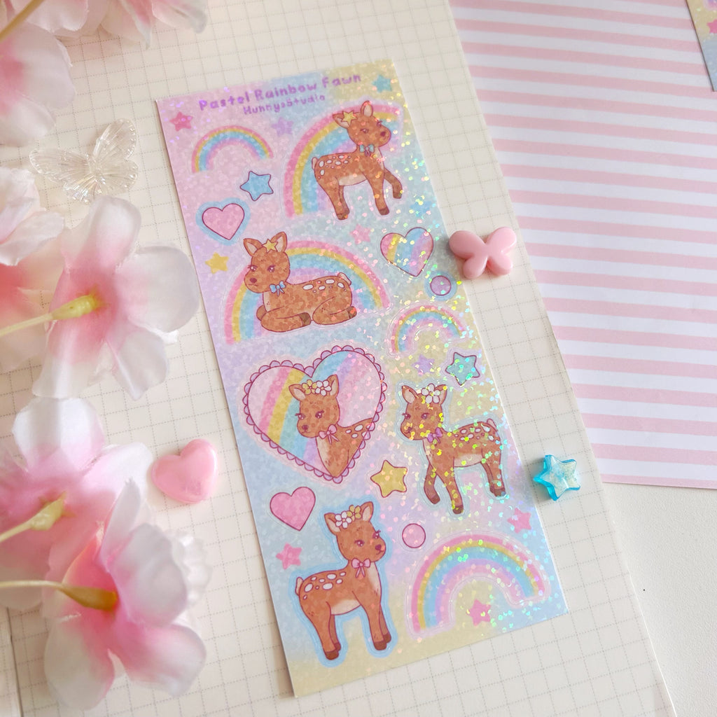 Pastel rainbow fawn, vinyl holographic sticker sheet