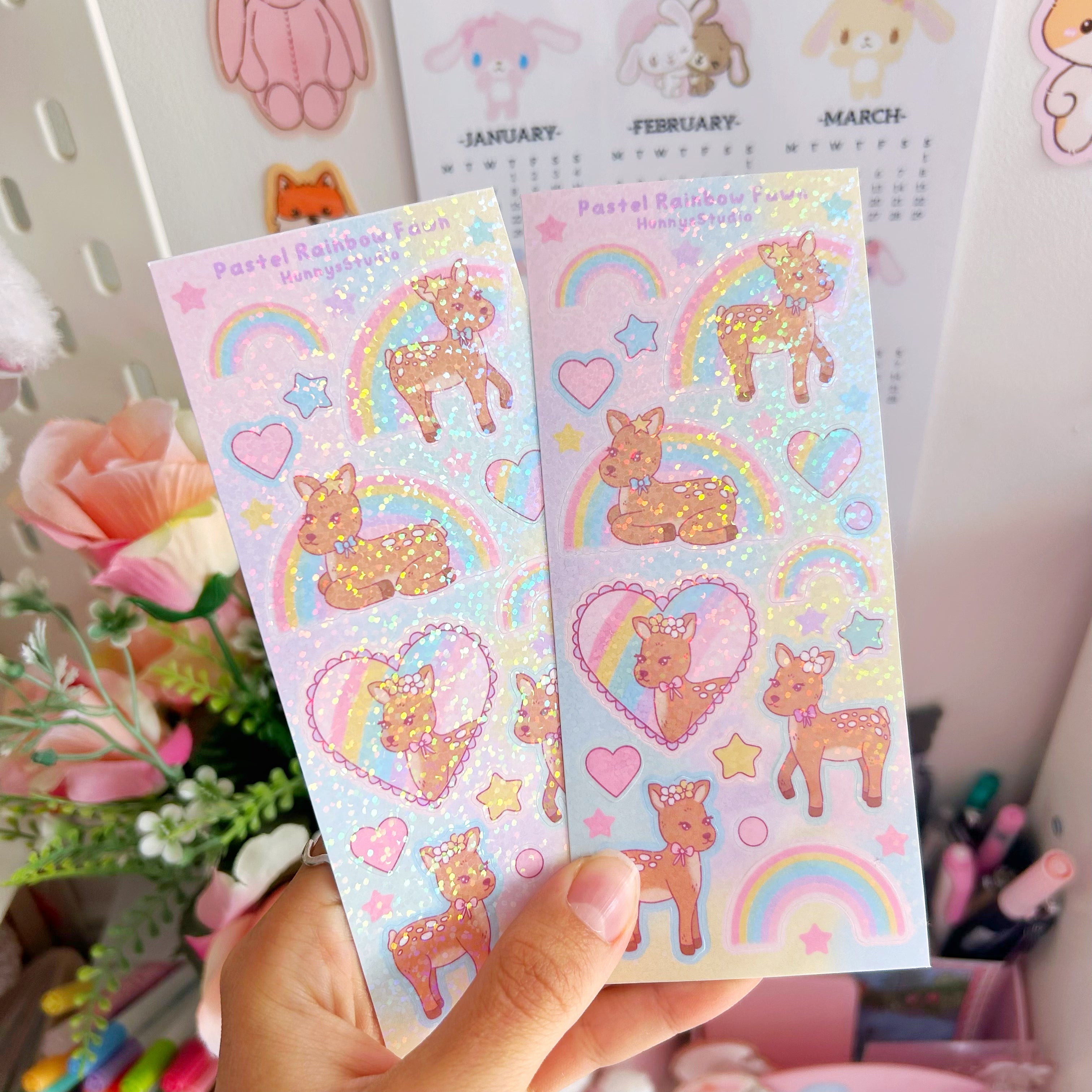 Pastel rainbow fawn, vinyl holographic sticker sheet