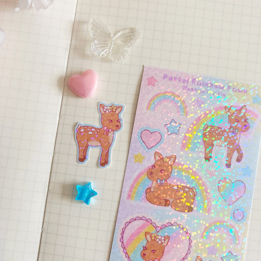 Pastel rainbow fawn, vinyl holographic sticker sheet