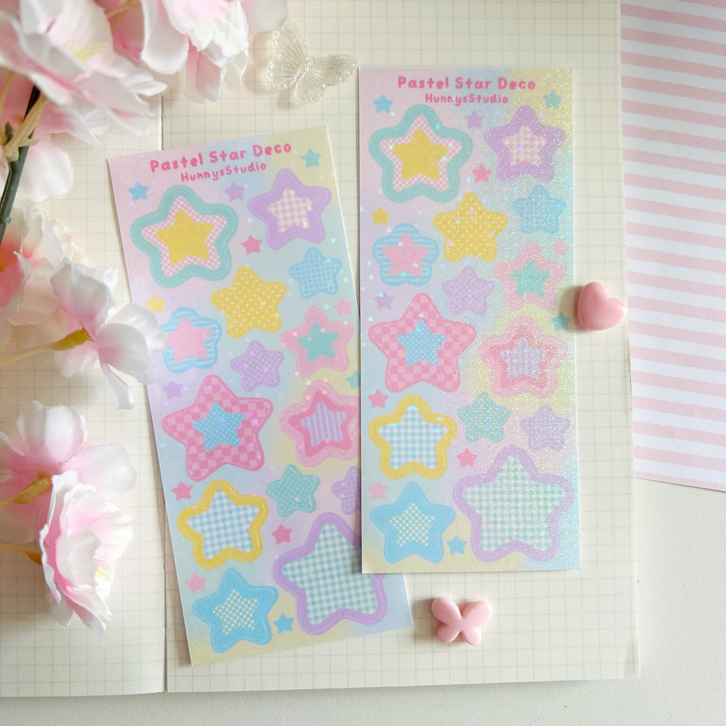Pastel star deco, vinyl holographic sticker sheet