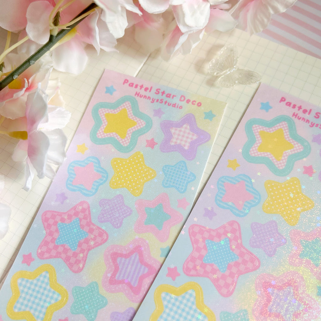 Pastel star deco, vinyl holographic sticker sheet