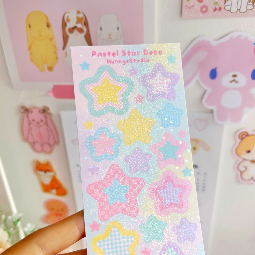 Pastel star deco, vinyl holographic sticker sheet