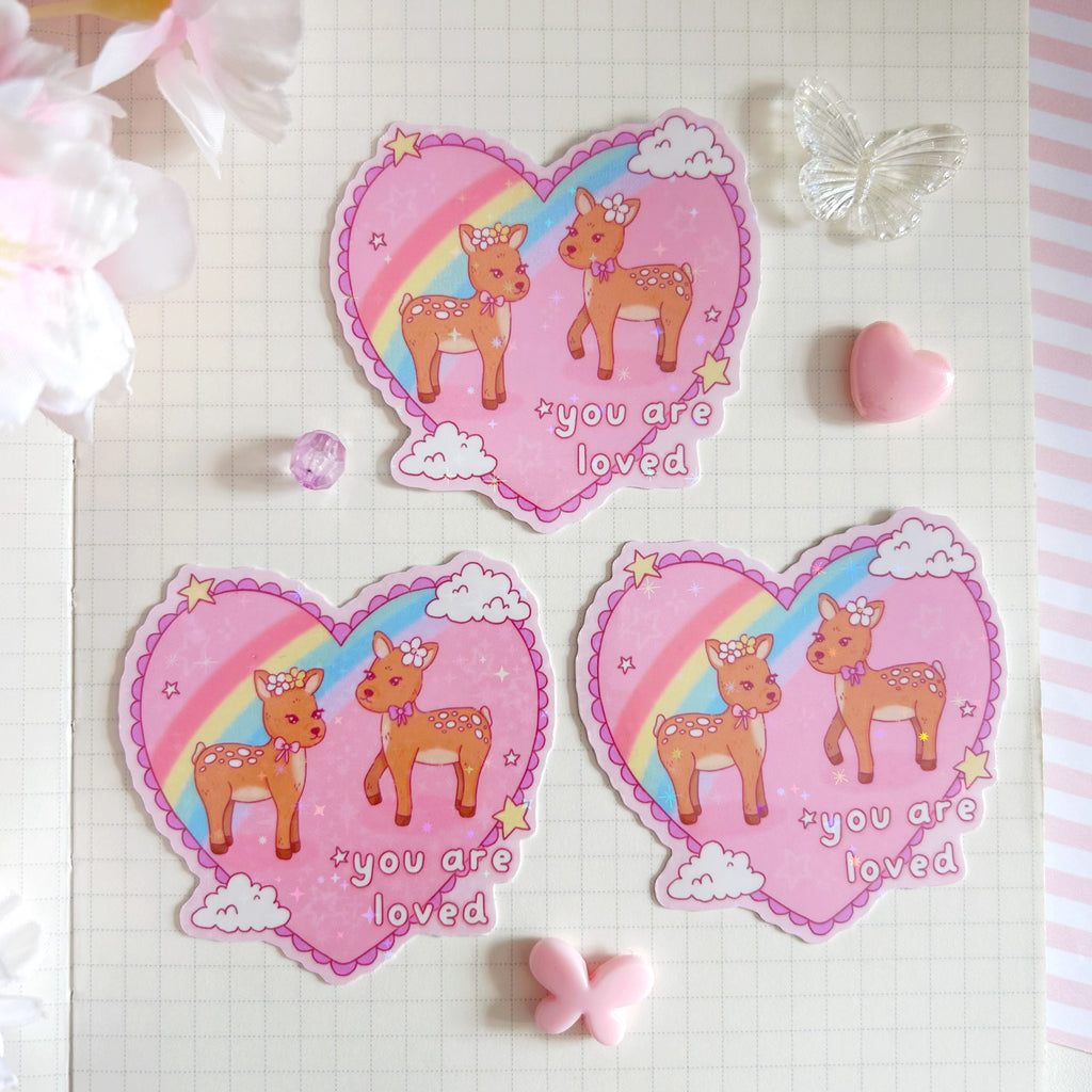 You are loved fawn die cut vinyl holographic sticker