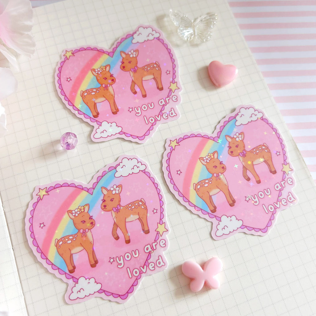 You are loved fawn die cut vinyl holographic sticker