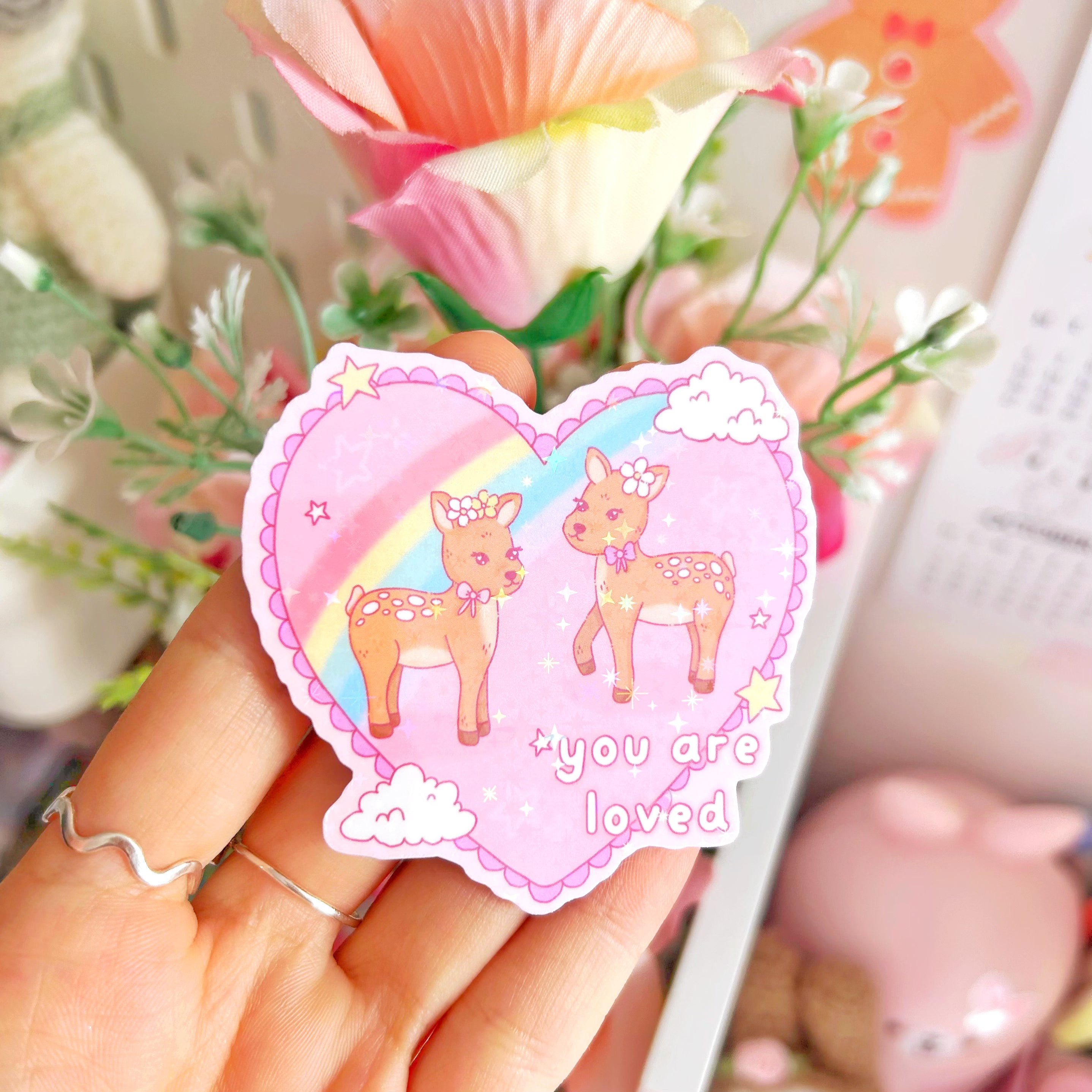 You are loved fawn die cut vinyl holographic sticker