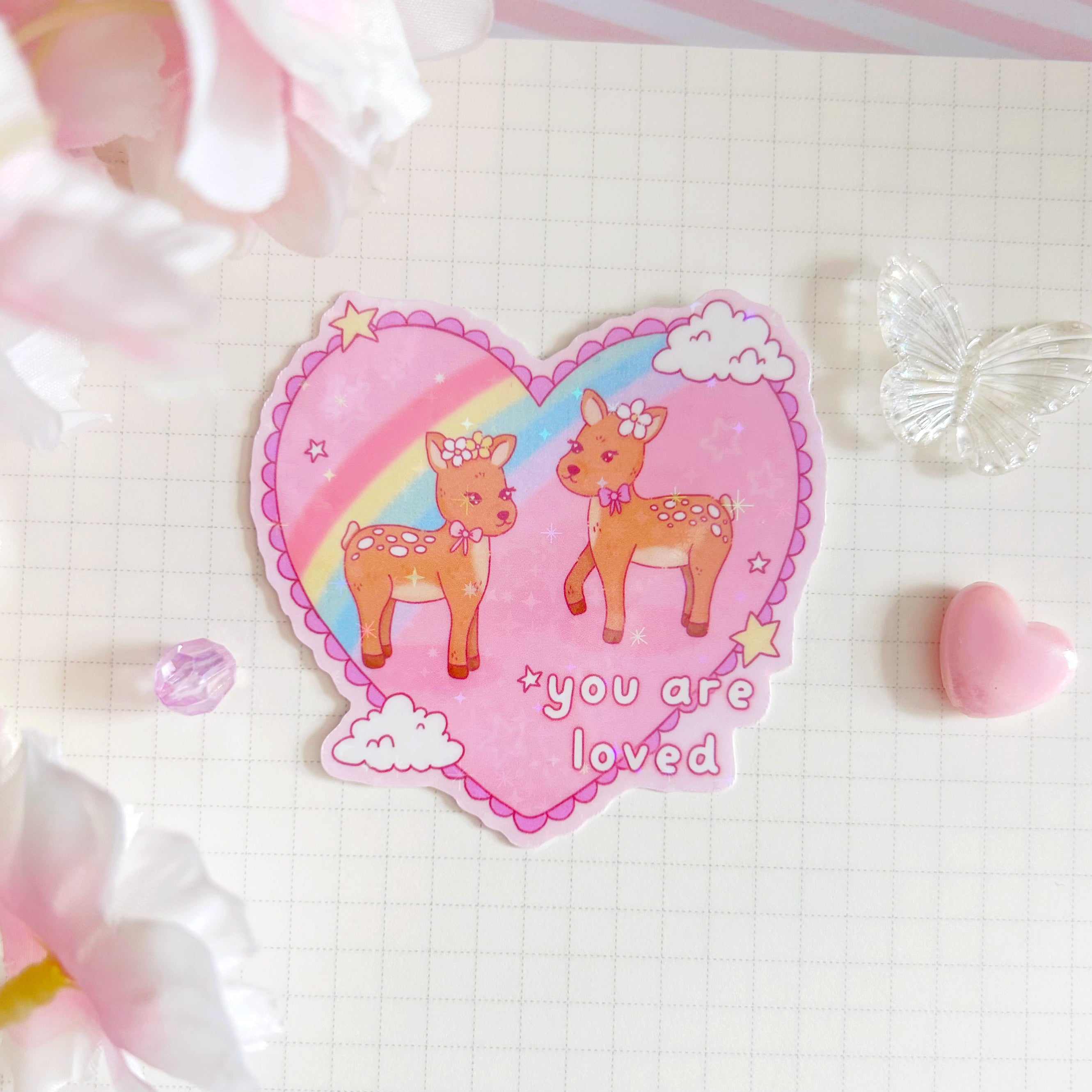 You are loved fawn die cut vinyl holographic sticker