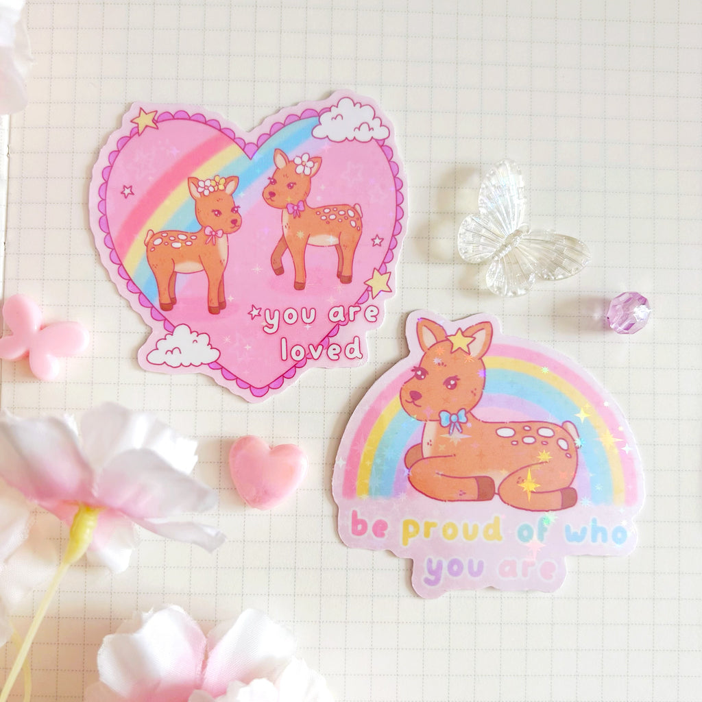 You are loved fawn die cut vinyl holographic sticker