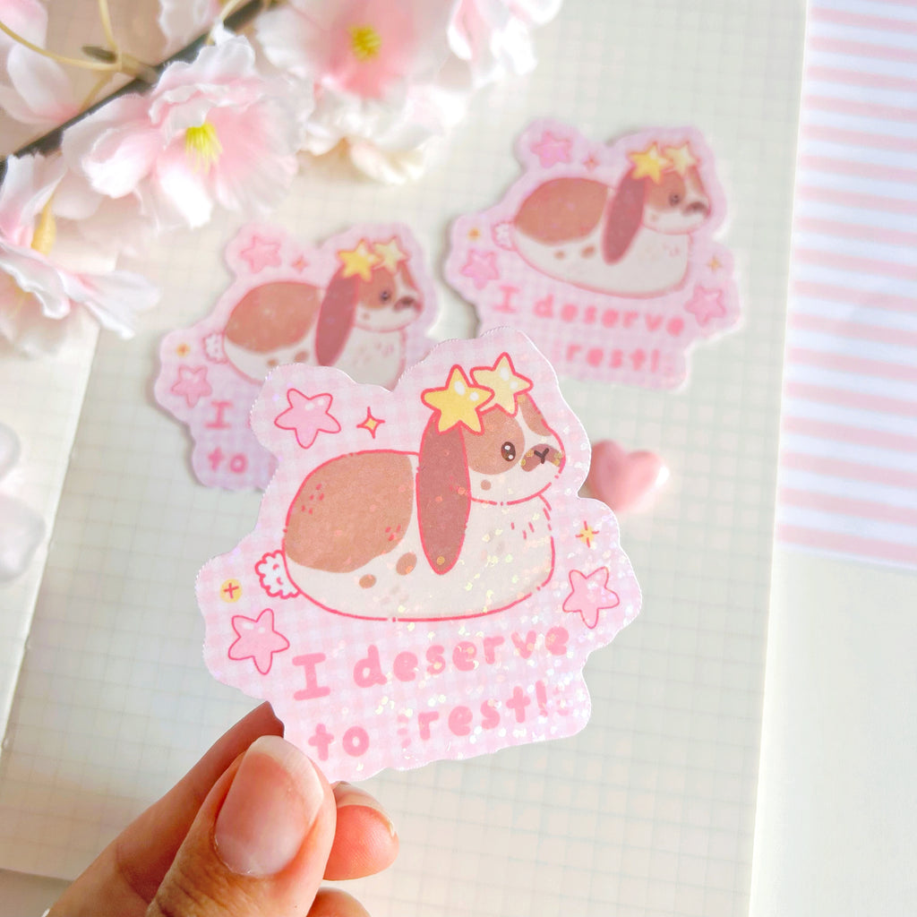 Resting Bunny die cut vinyl holographic sticker