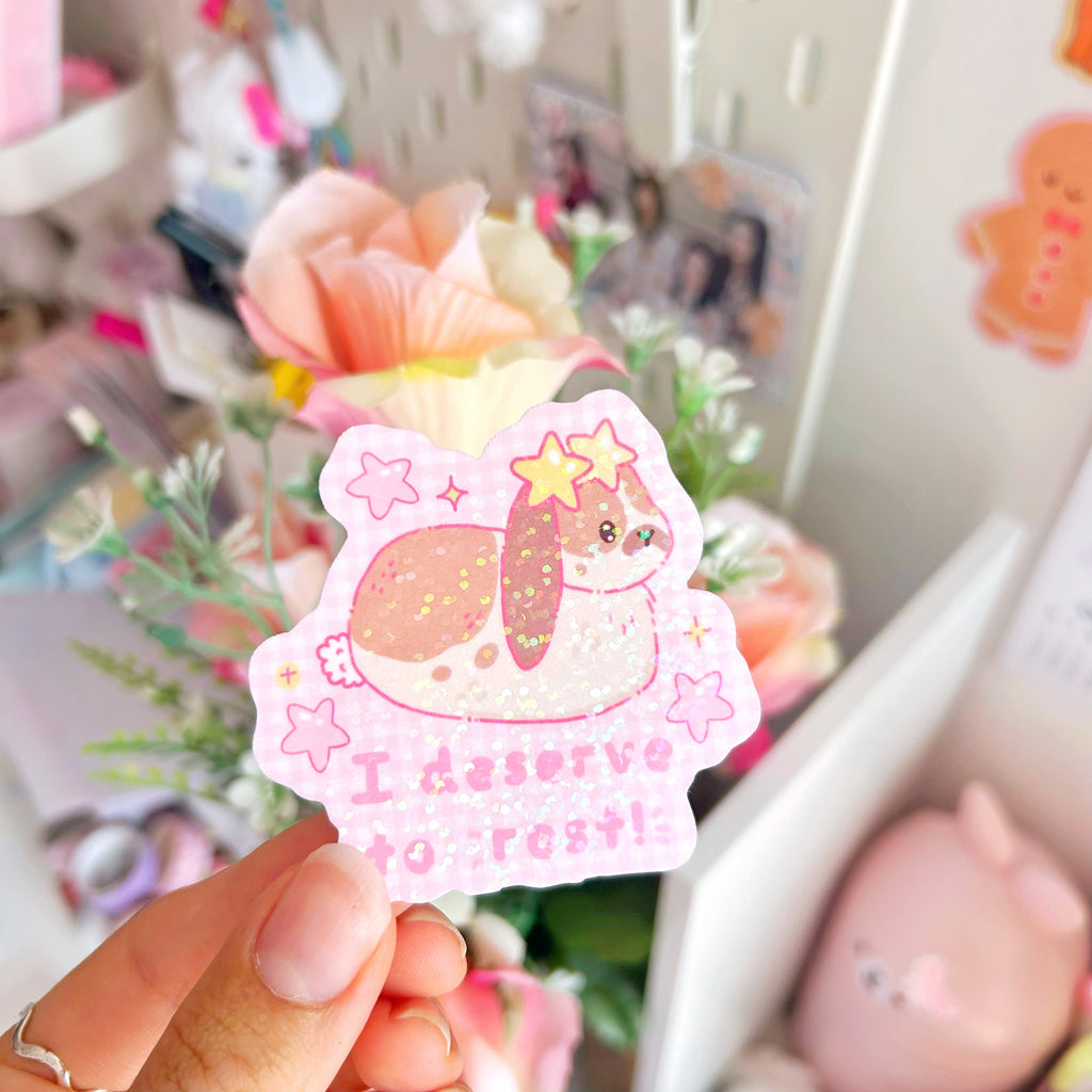 Resting Bunny die cut vinyl holographic sticker